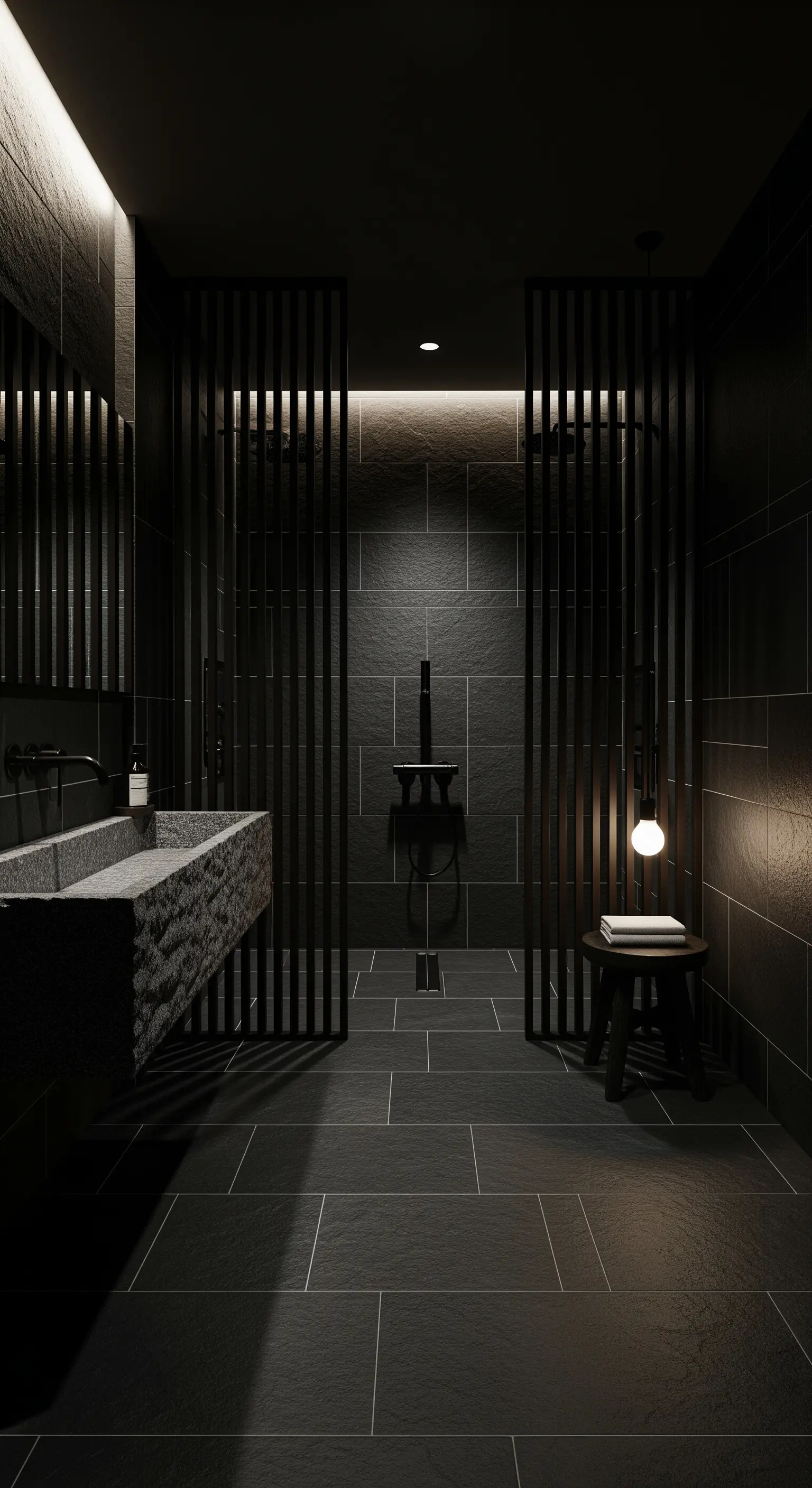 Dunkles Badezimmer mit Schieferfliesen, Steinoberflächen und Holzlamellen-Trennwänden.