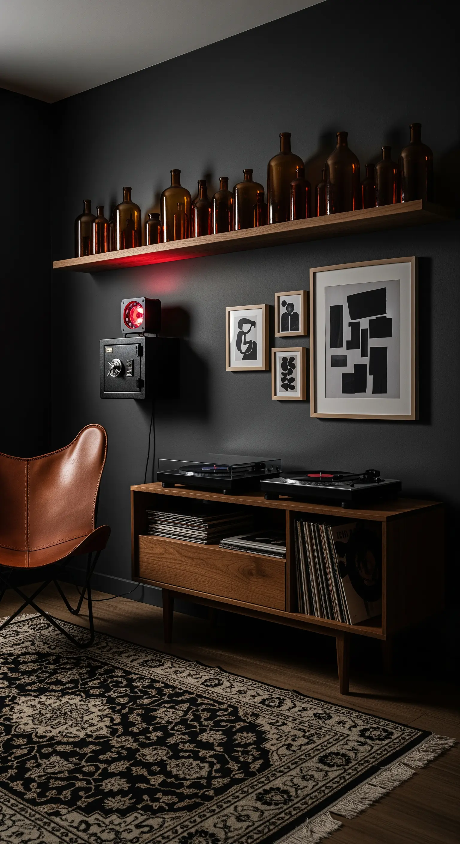 Dunkel eingerichteter Raum mit schwarzer Wand, Plattenspieler und einer roten Akzentleuchte.