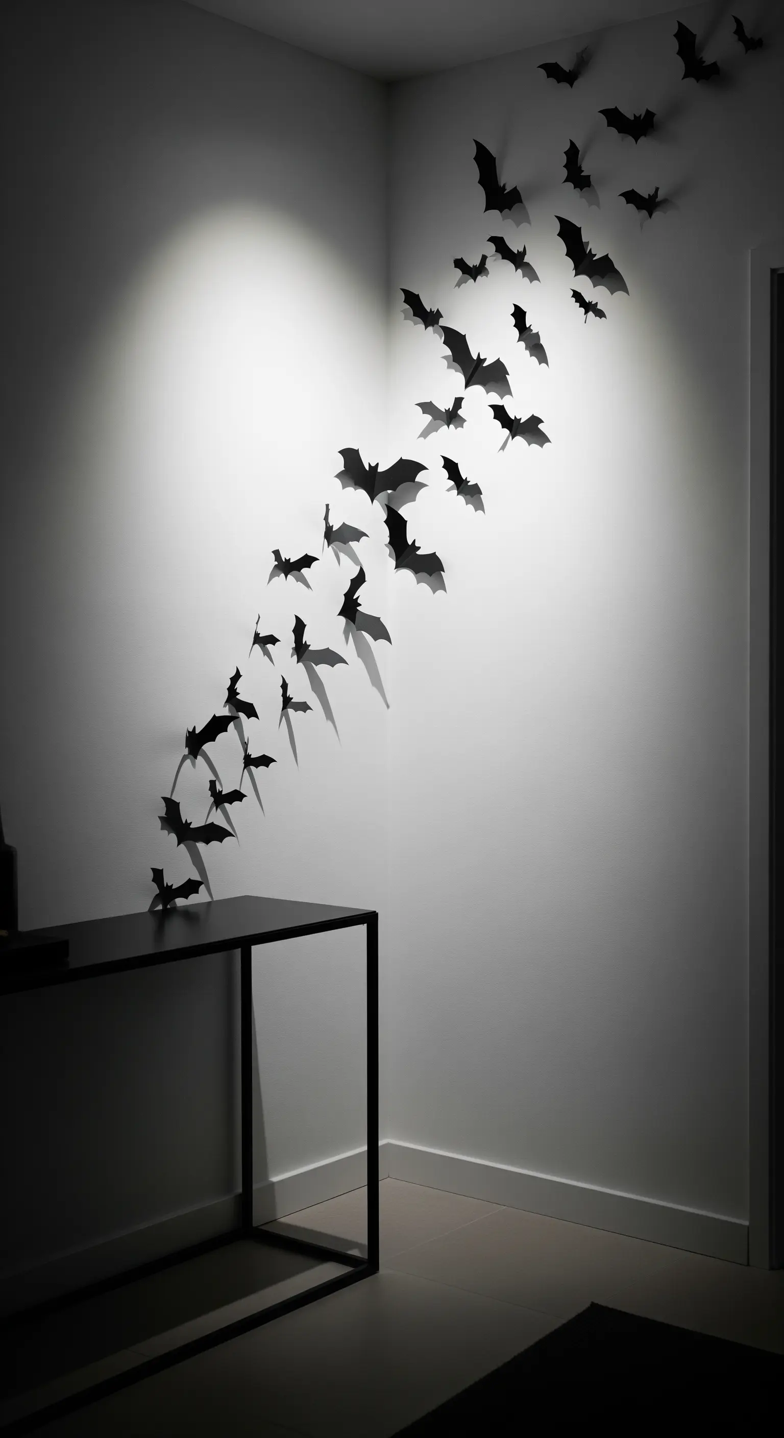 Schwarze Papierfledermäuse als dynamische Wanddekoration in einer Ecke.