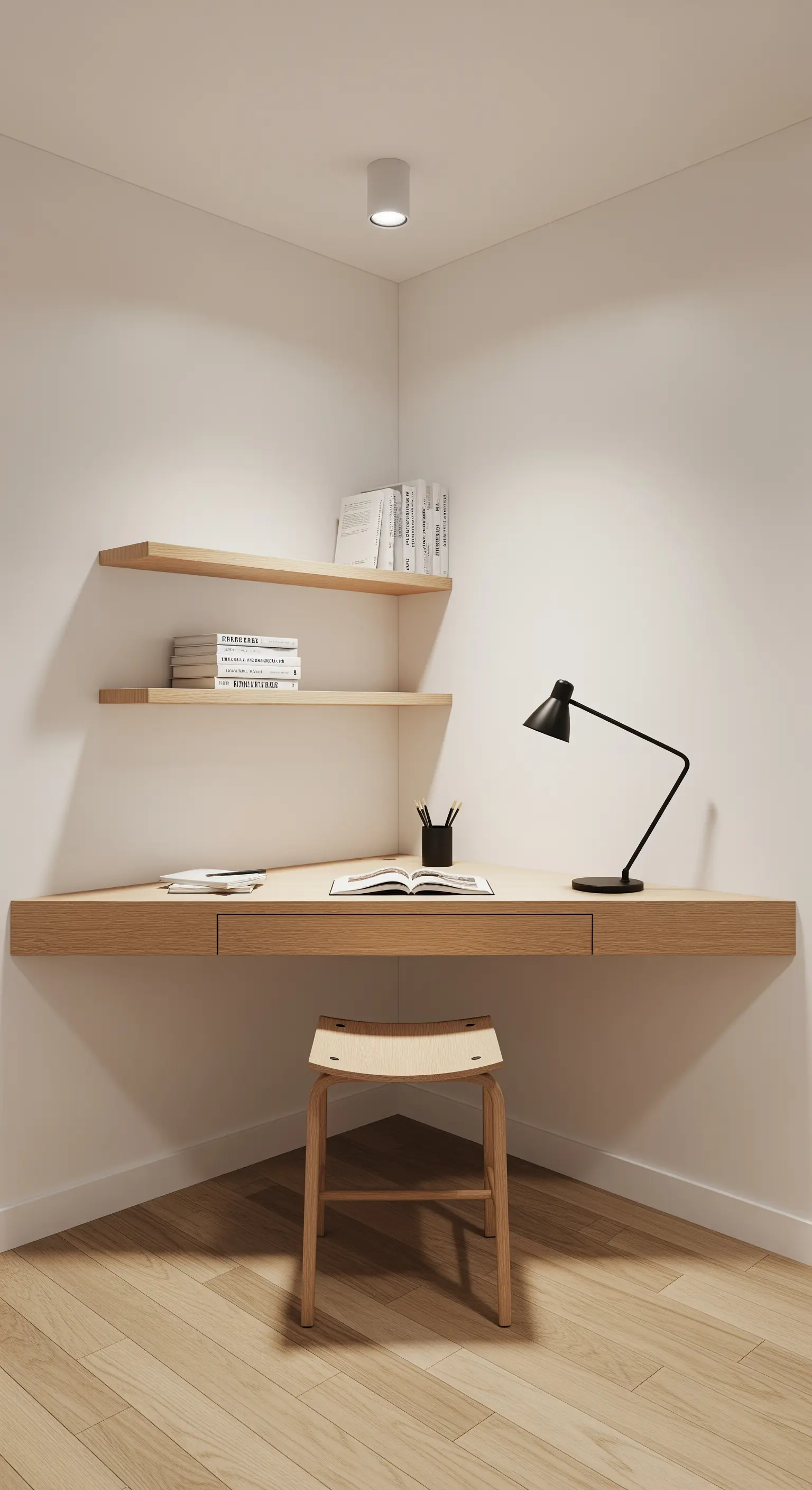 Heller Eckschreibtisch aus Holz mit schwebenden Regalen und einer schwarzen Lampe.