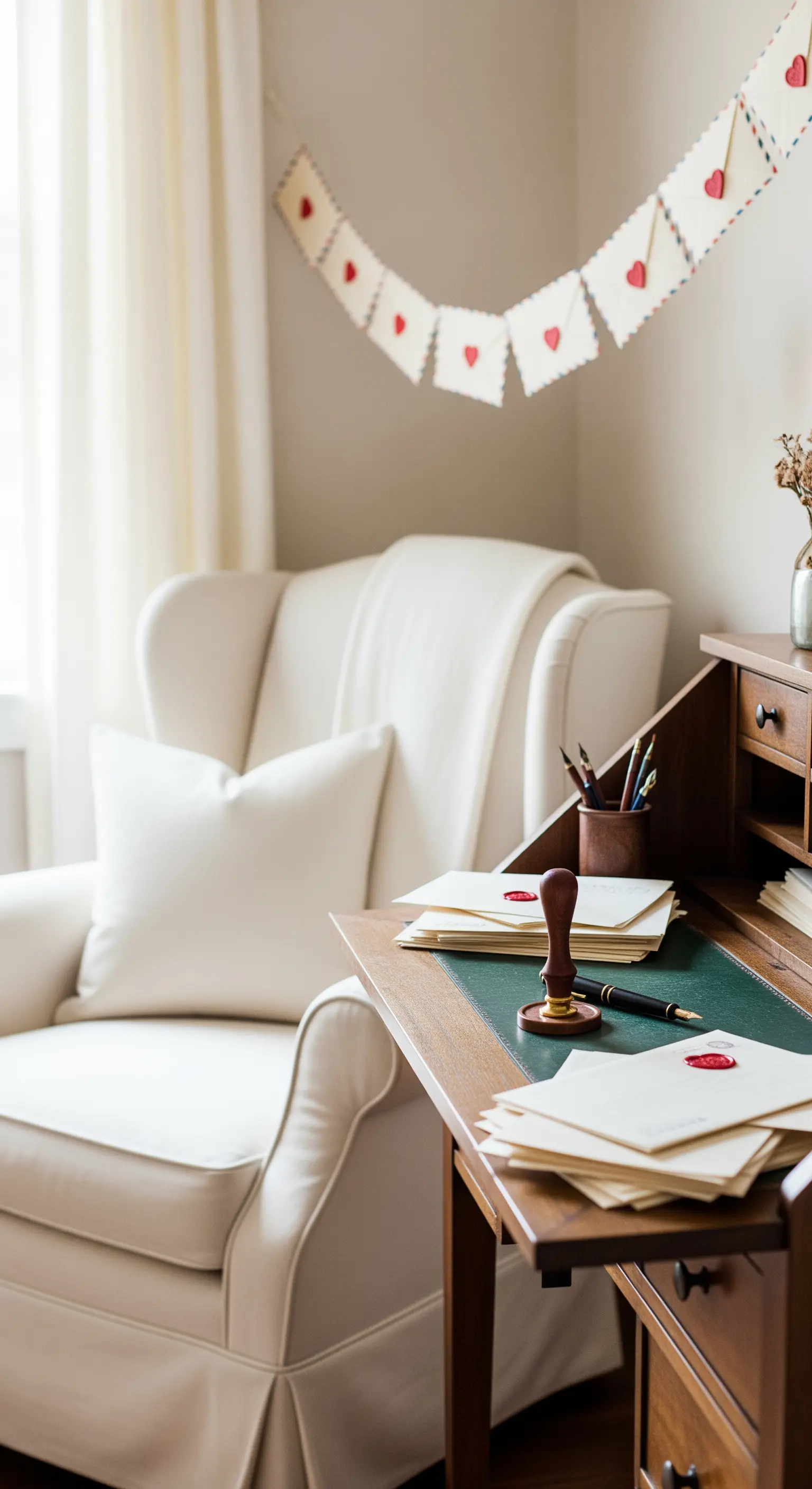 Ein klassischer Holzschreibtisch, vorbereitet zum Schreiben von Briefen, mit einer Brief-Girlande.