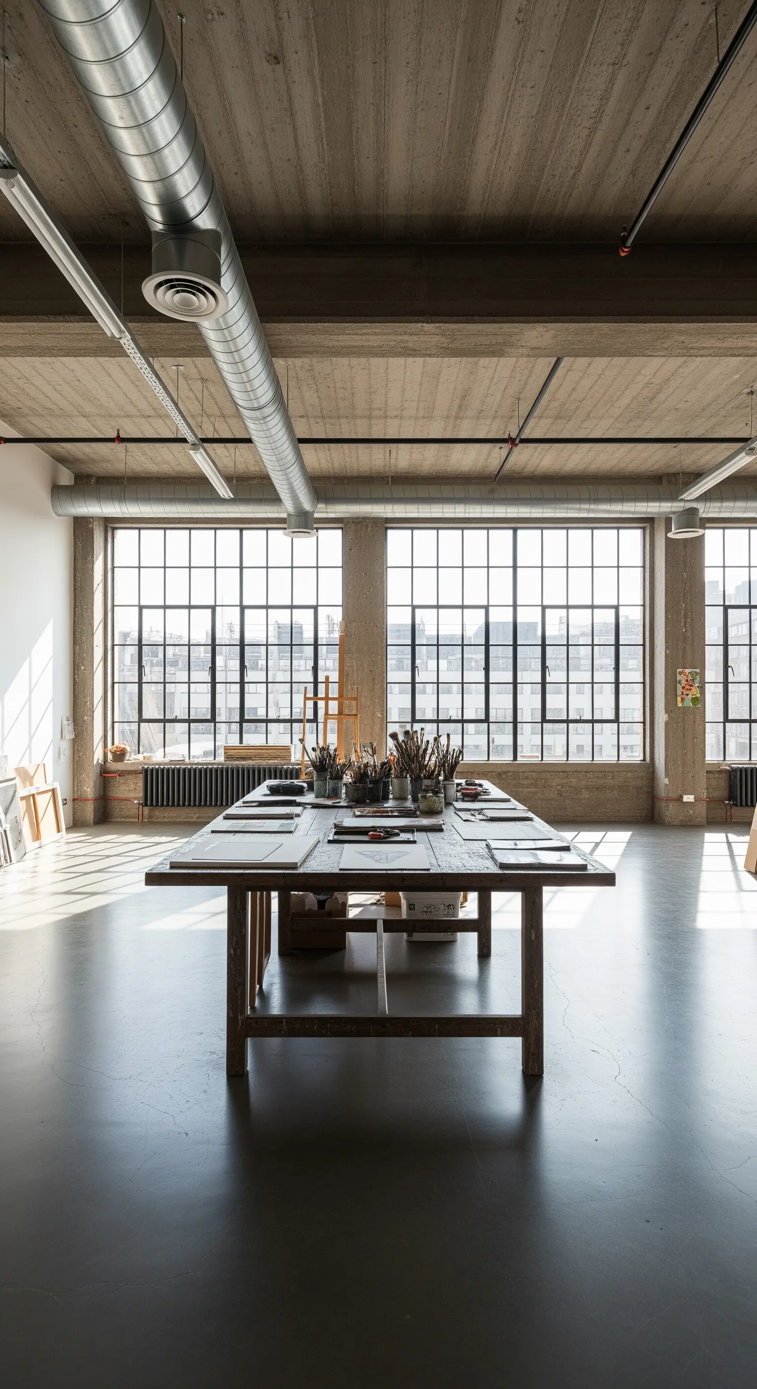 Künstleratelier im Loft-Stil mit Betondecke und großem Holztisch.