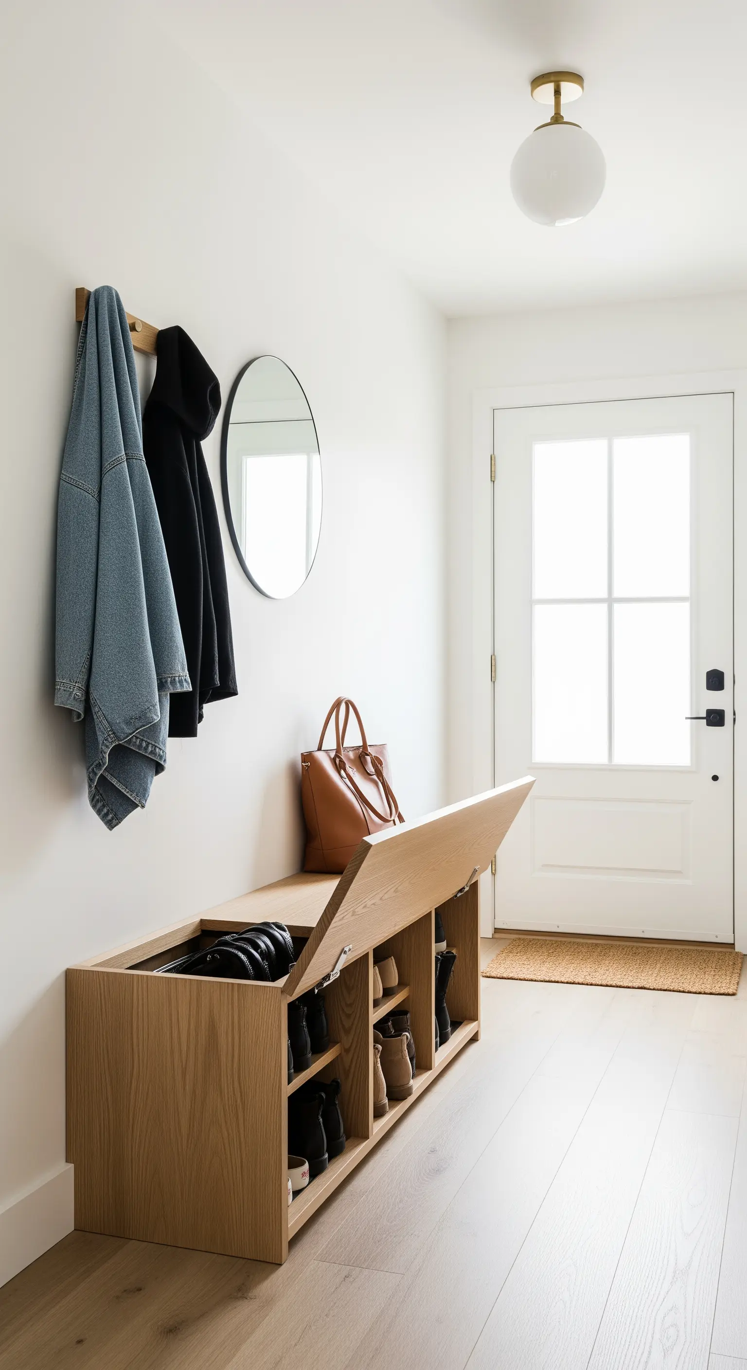 Hölzerne Eingangsbank mit aufklappbarem Deckel, der Stauraum für Schuhe verbirgt.
