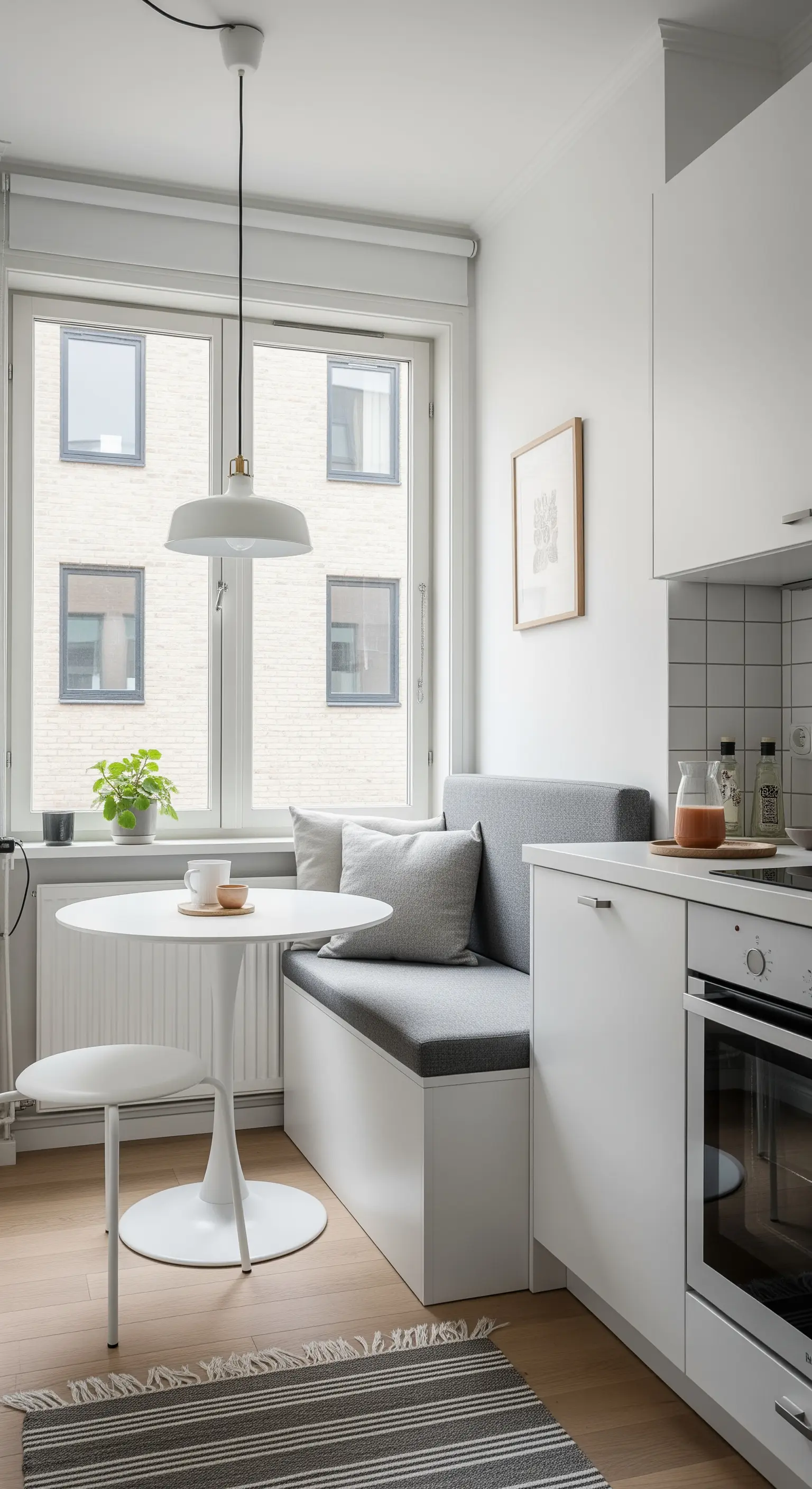 Kleine, weiße Küche mit einer maßgefertigten Sitzecke am Fenster und einem runden Tisch.