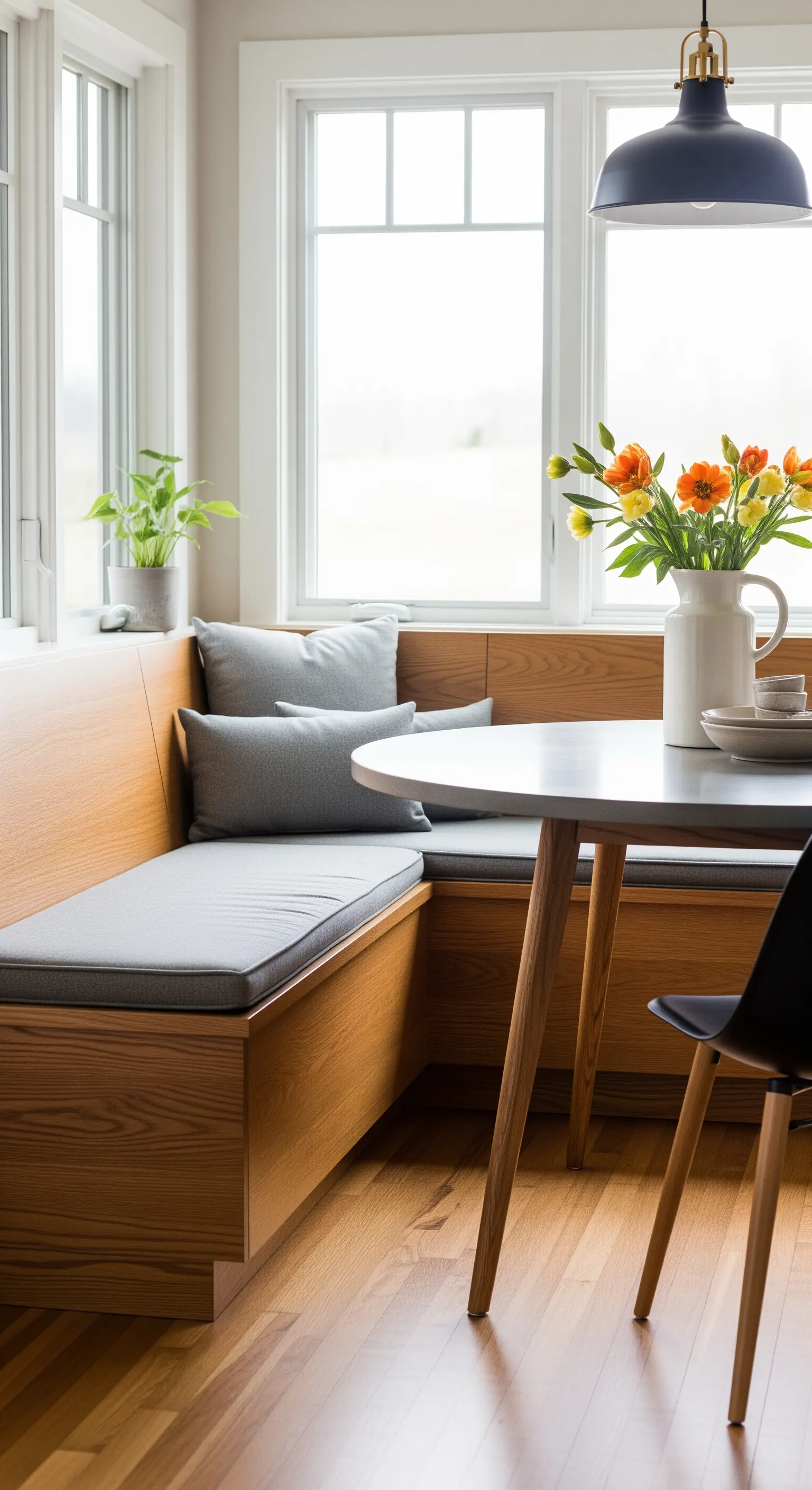 Essnische mit eingebauter Holz-Eckbank und einem runden Tisch mit Betonplatte.