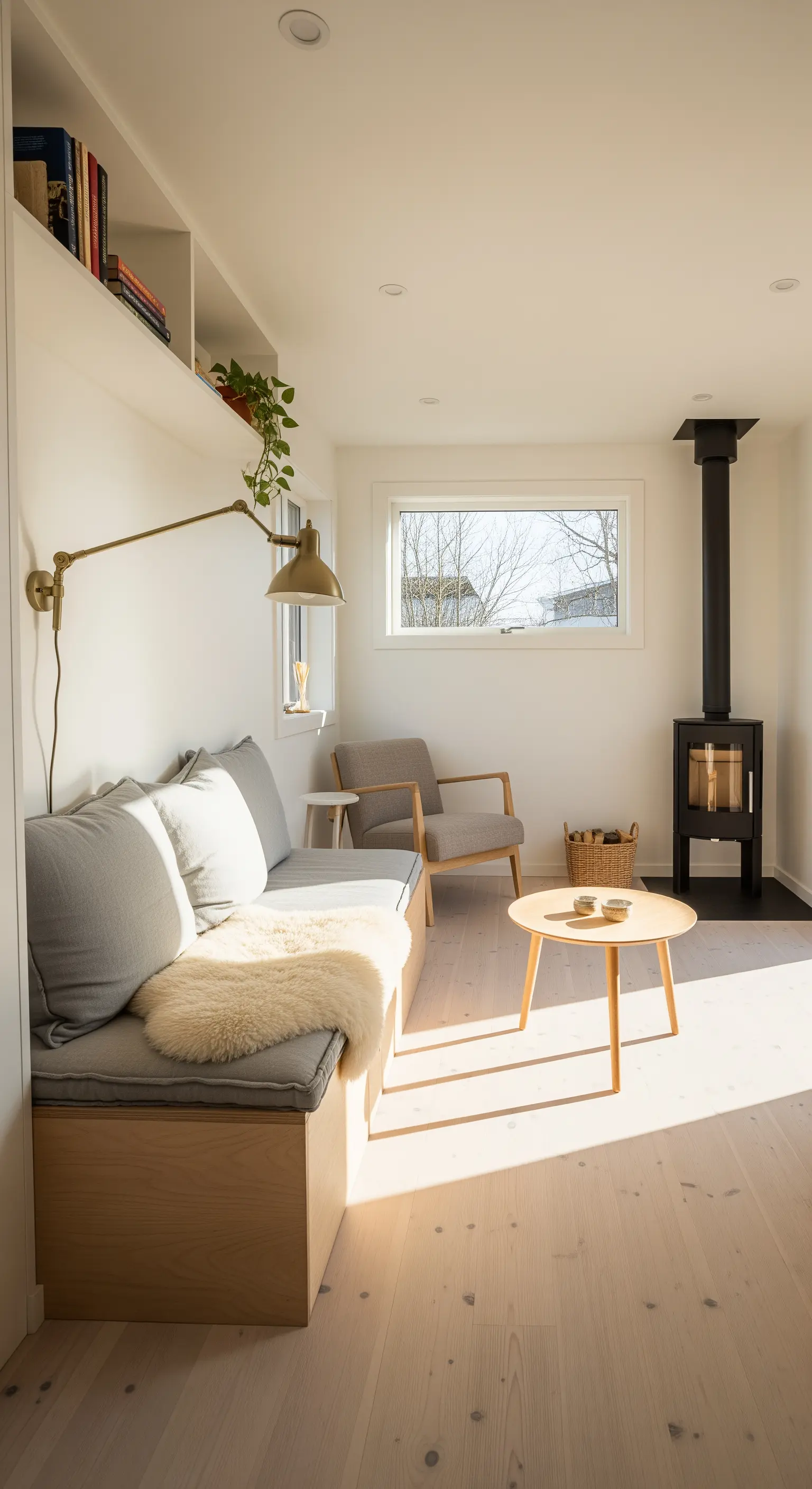 Helles Wohnzimmer mit eingebauter Sitzbank, die Stauraum bietet.