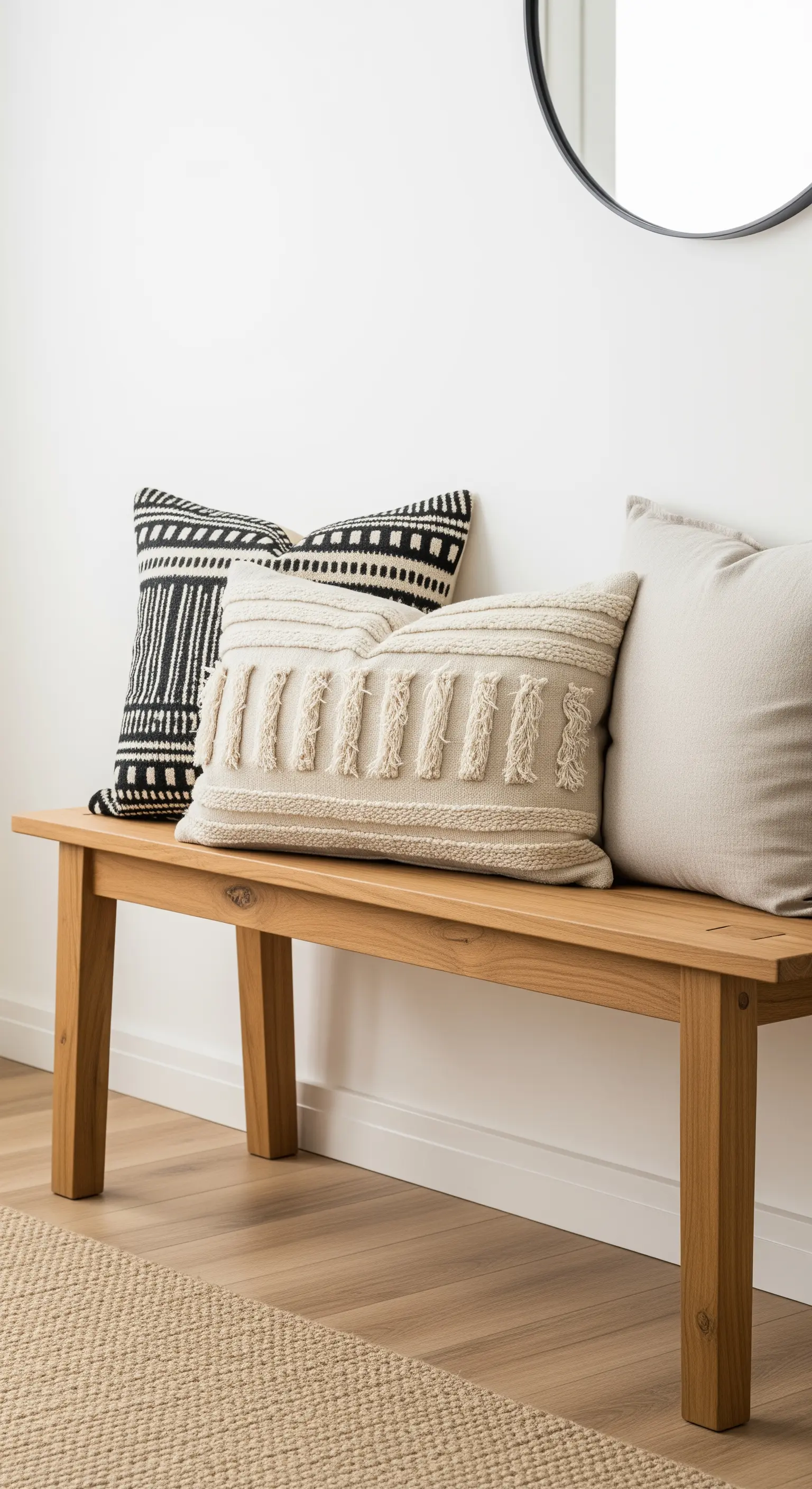 Holzbank mit drei Kissen in Schwarz, Creme und Beige mit unterschiedlichen Texturen.