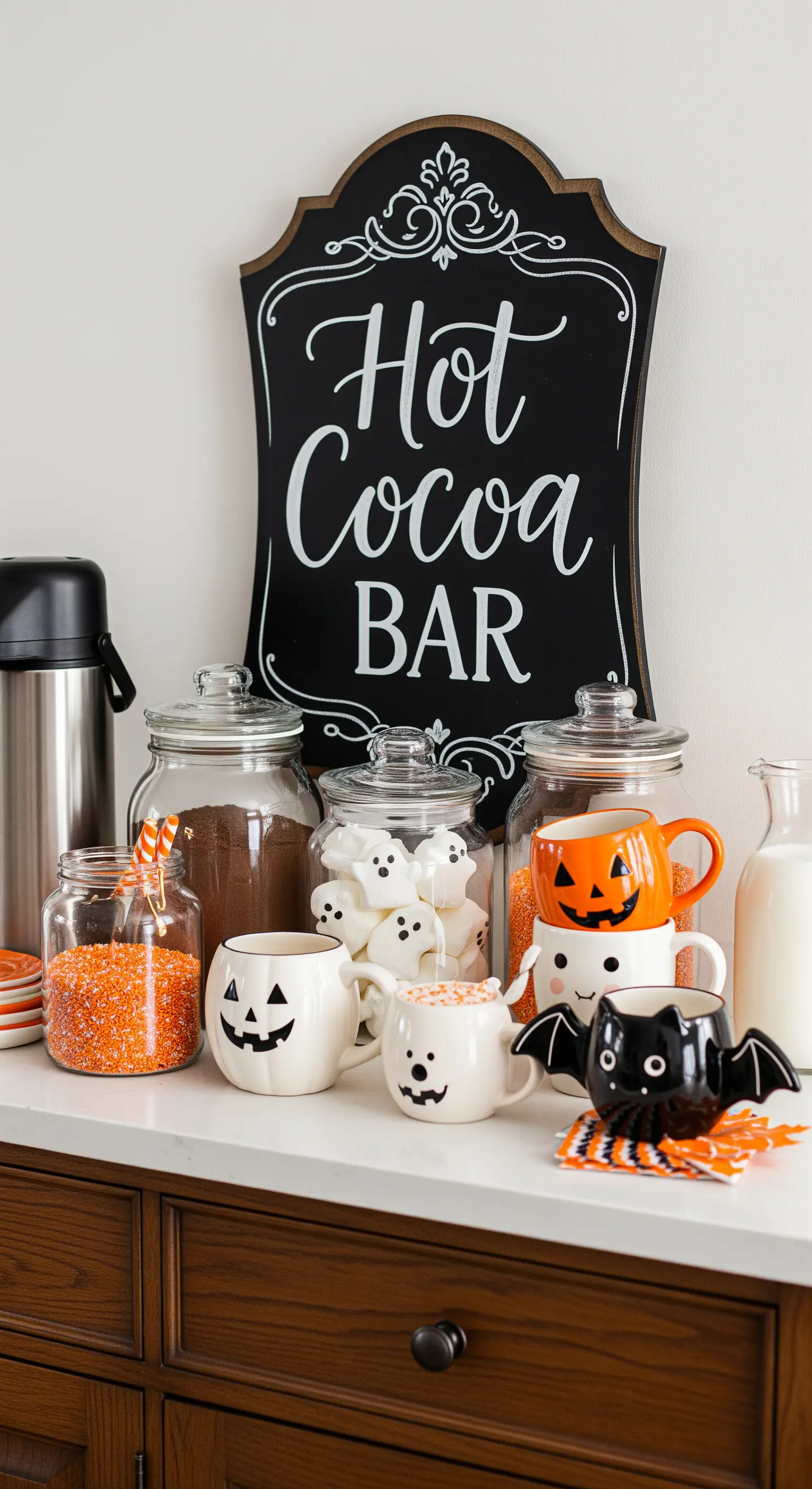 Eine liebevoll gestaltete heiße Kakao-Bar mit Halloween-Tassen, Glasbehältern und einem Schild.