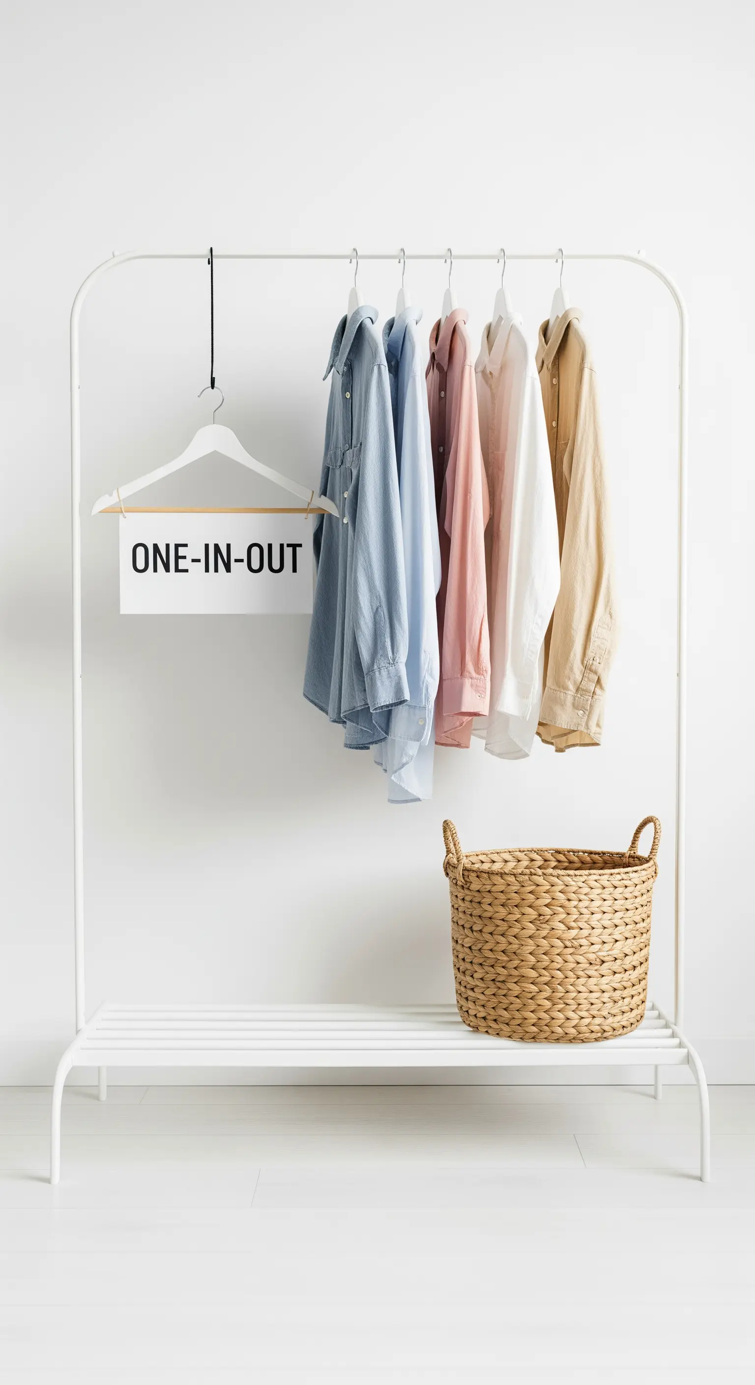 Weiße Kleiderstange mit Schild „ONE-IN-OUT“ als Symbol für bewussten Konsum