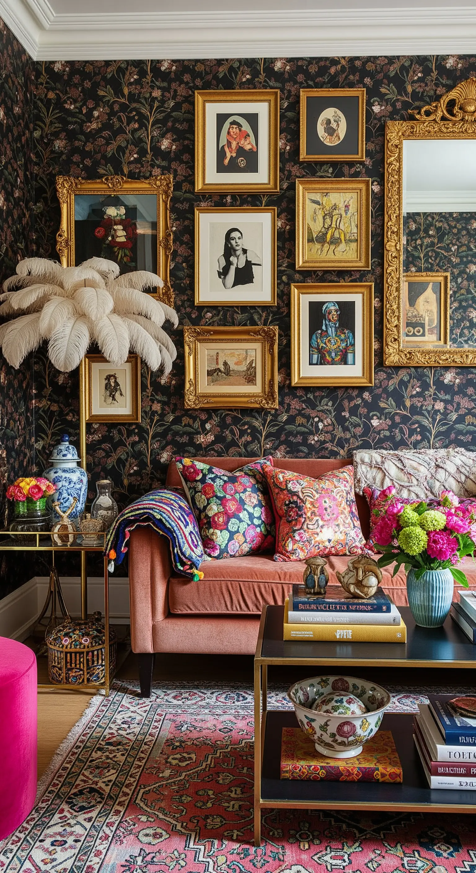 Maximalistisches Wohnzimmer mit einer dunklen Blumentapete und einer dichten Galerie-Wand aus goldenen Rahmen.