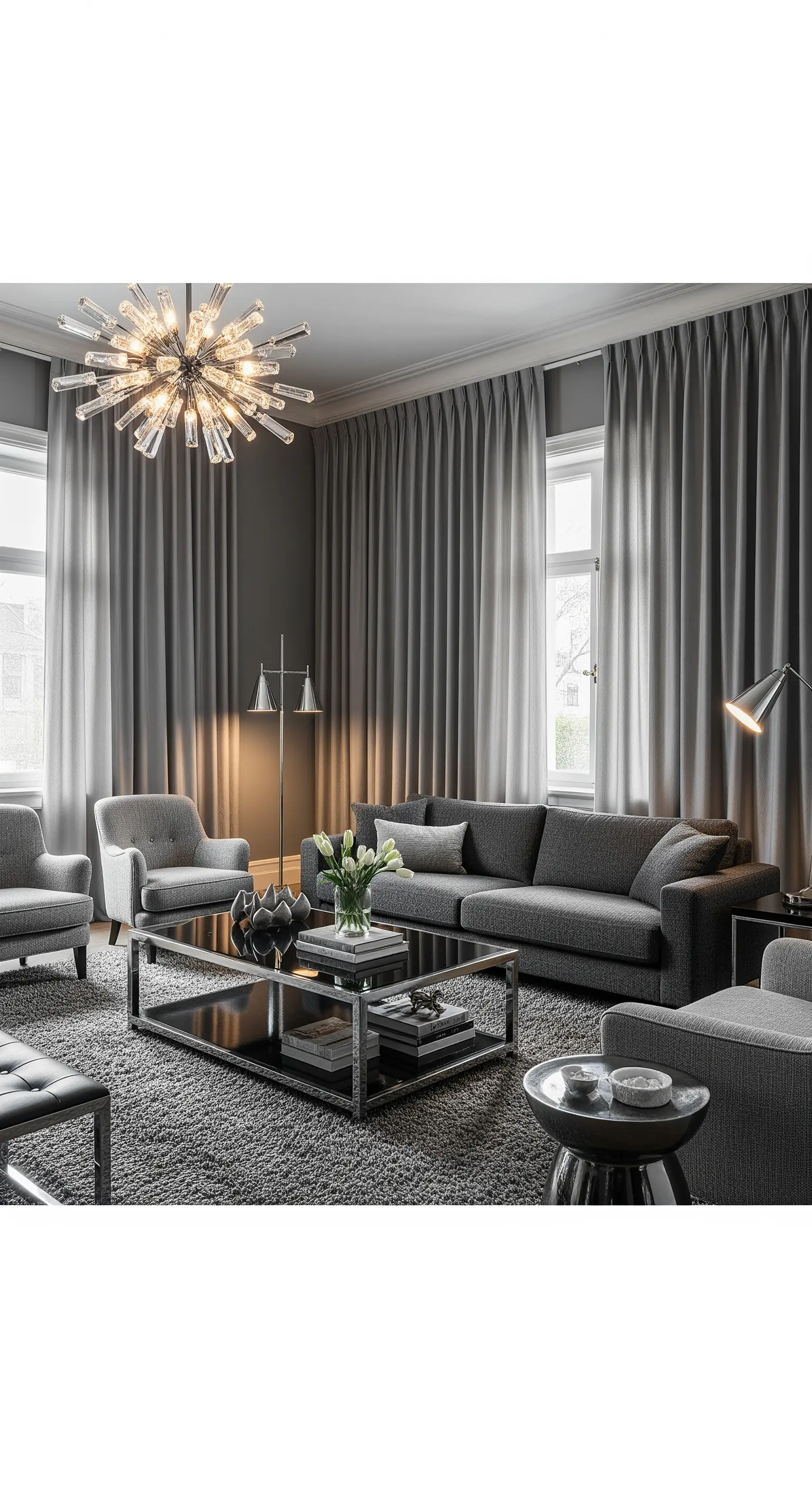 Monochromes Wohnzimmer in Grautönen mit schweren Vorhängen und Kristallleuchter.