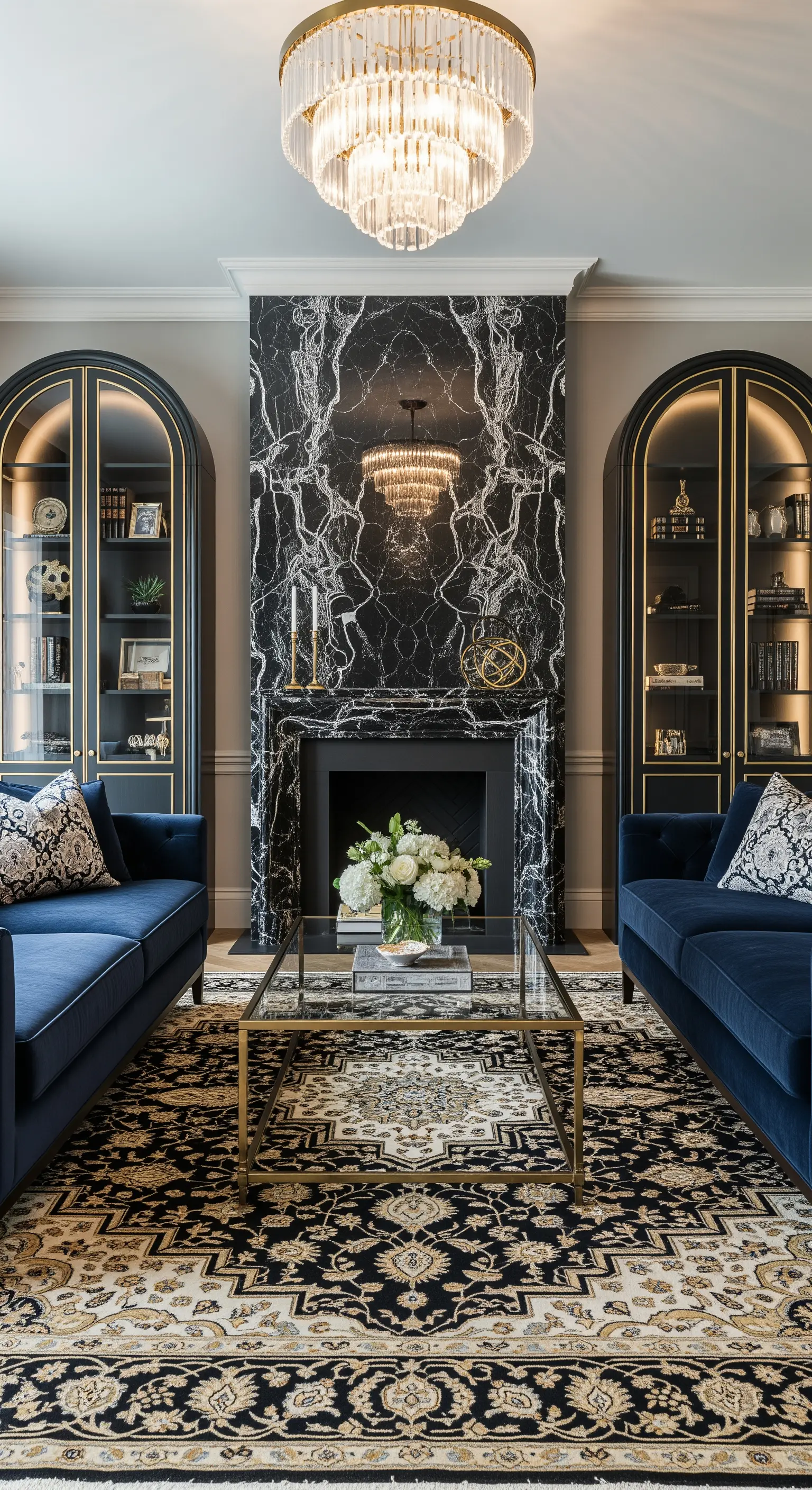 Symmetrisches Wohnzimmer mit Marmorkamin und zwei identischen Vitrinen.
