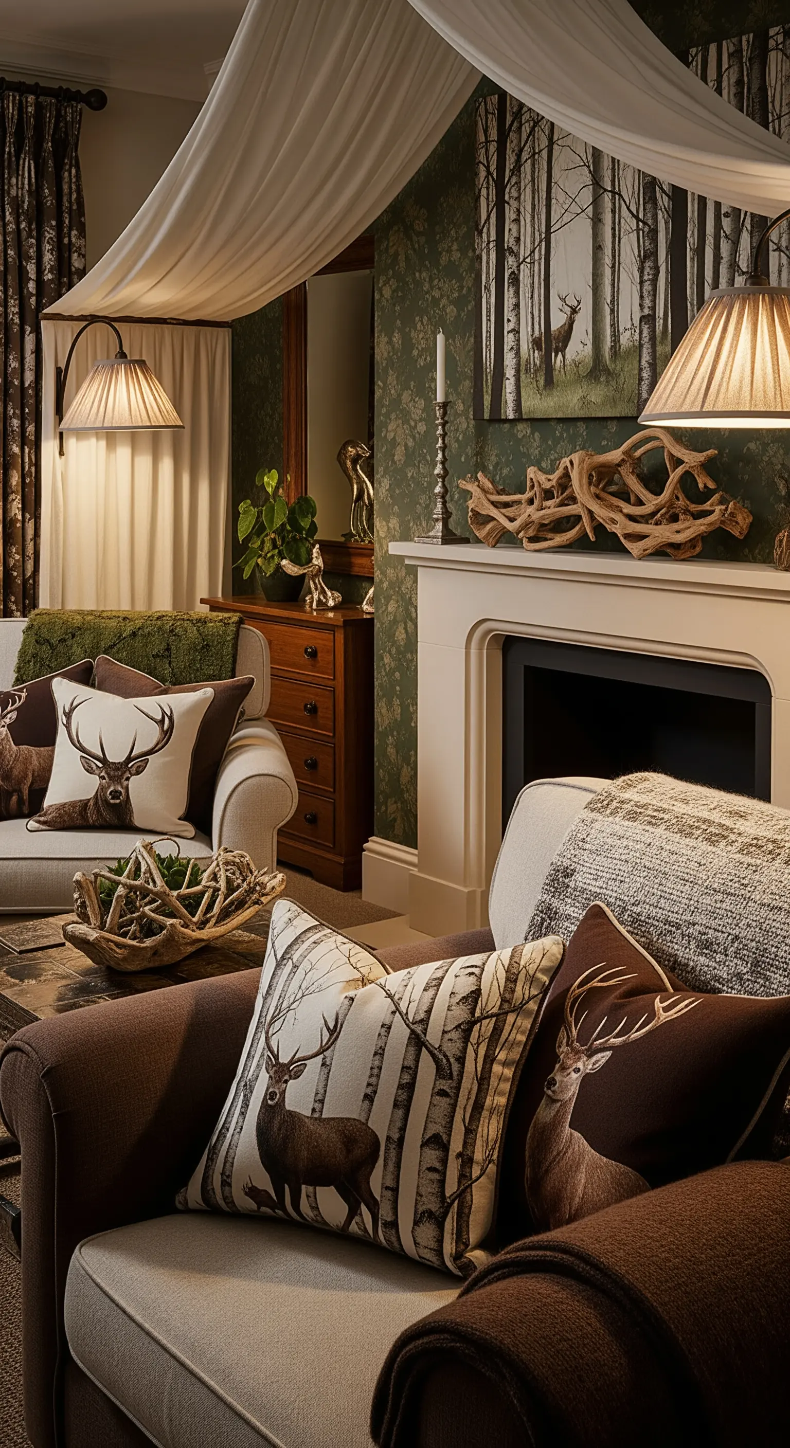 Wohnzimmer mit Waldtapete, Kissen mit Hirschmotiven und Dekoration aus Naturholz.