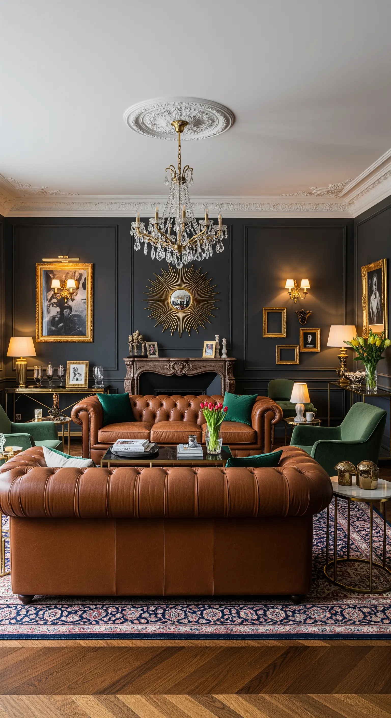 Dunkles Pariser Wohnzimmer mit Chesterfield-Sofas, Goldakzenten und mehreren Lichtquellen.