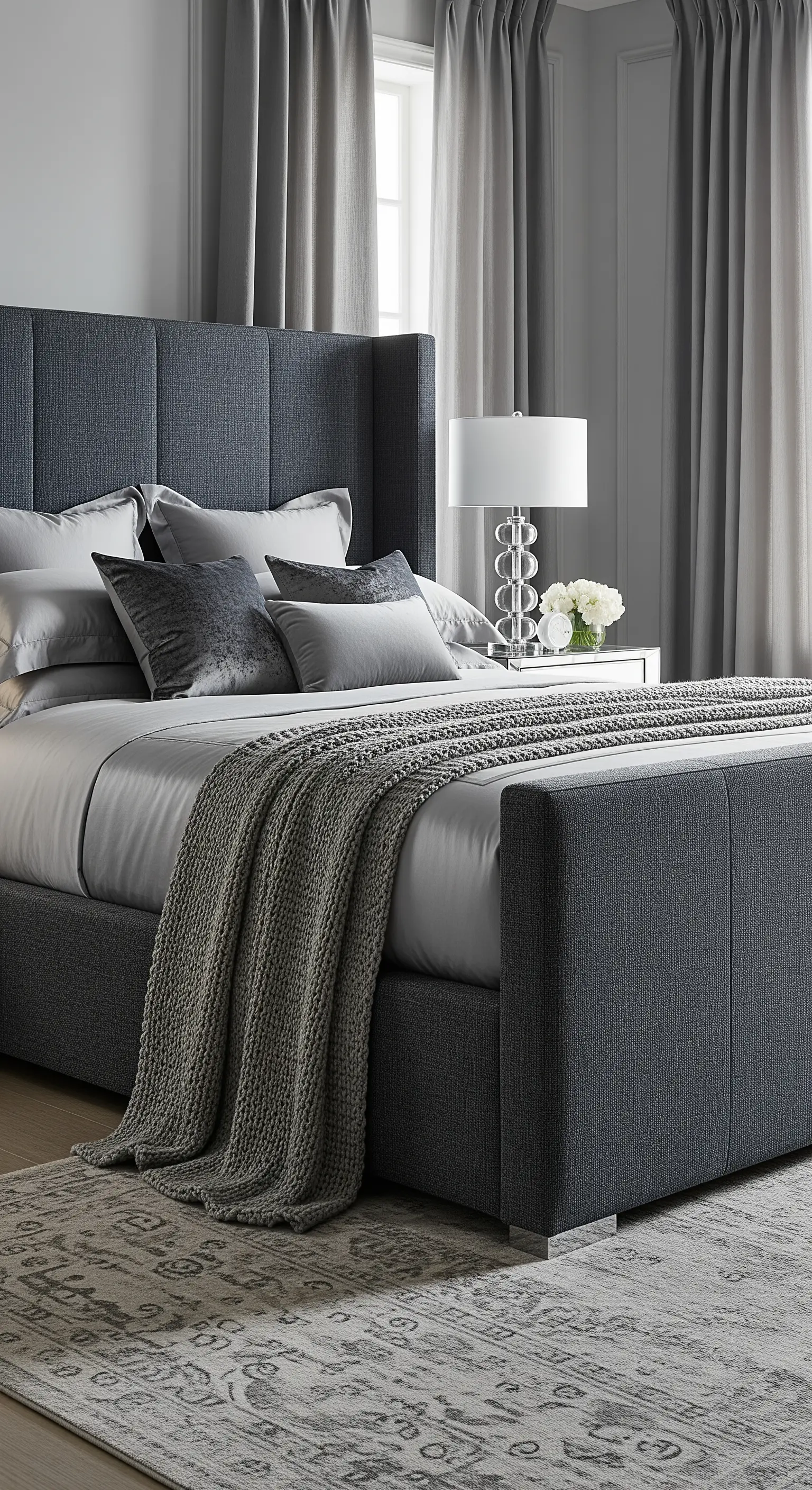 Graues Polsterbett mit hohem Kopfteil, umgeben von verschiedenen Grautönen