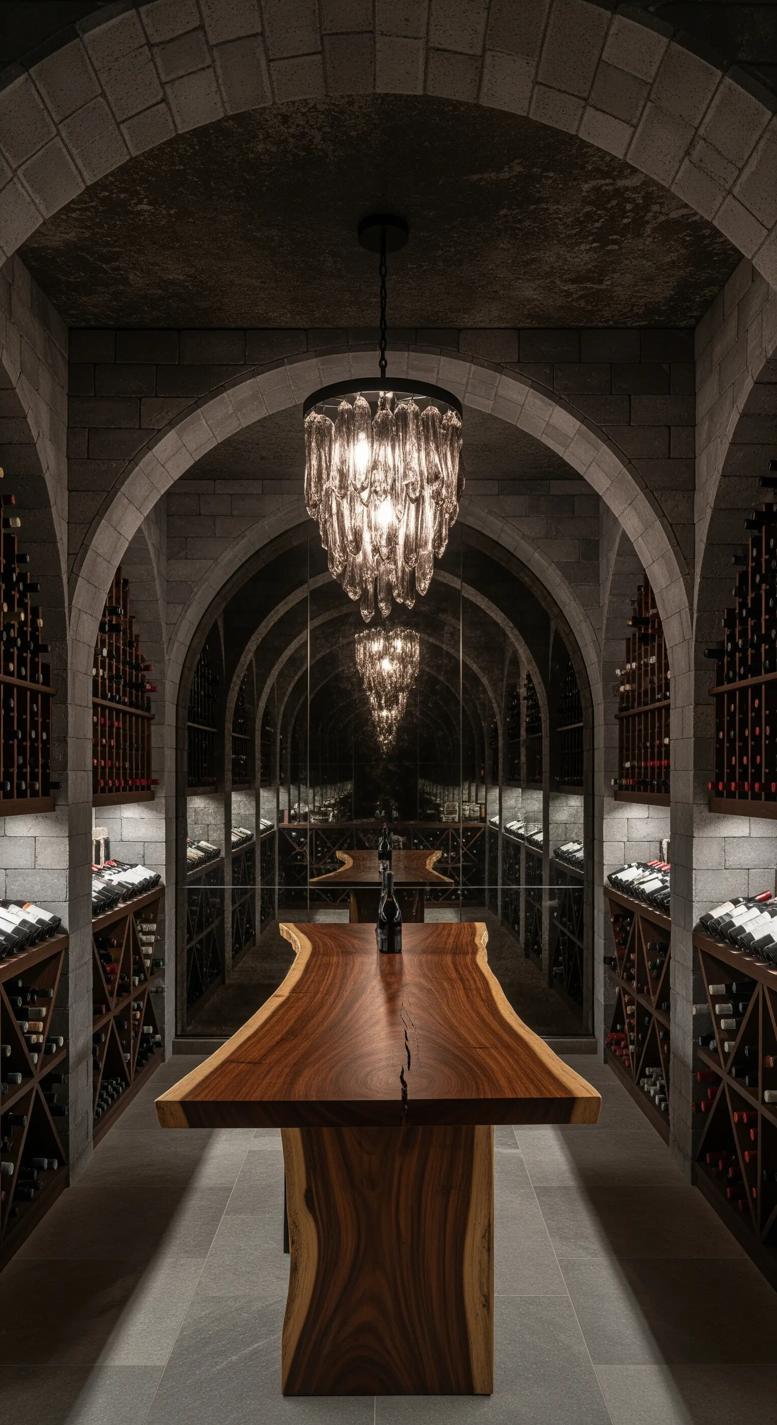 Weinkeller mit einem großen Spiegel am Ende, der den Raum und eine Kristallleuchte reflektiert.