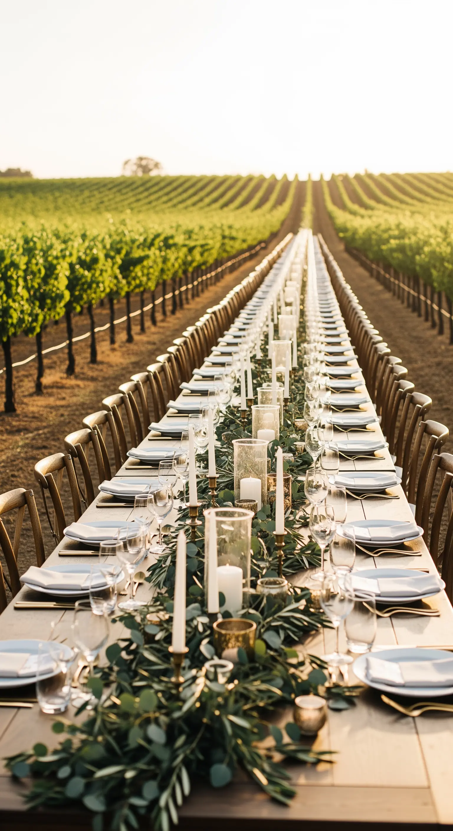 Sehr langer Holztisch inmitten eines Weinbergs, dekoriert mit einer Eukalyptus-Girlande und Kerzen