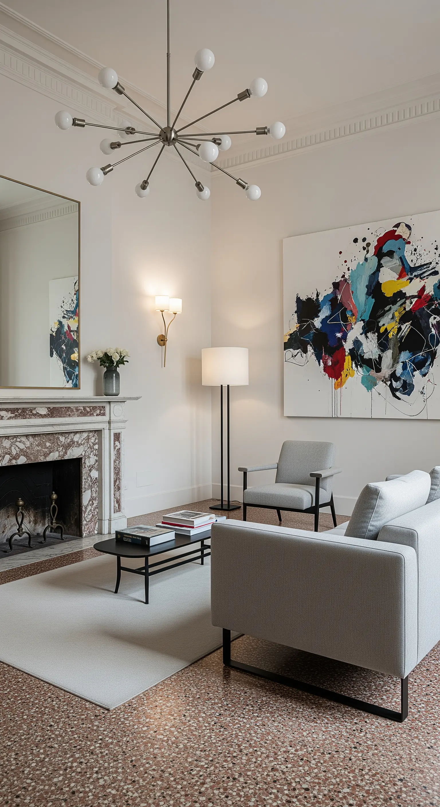 Wohnzimmer mit Terrazzoboden, grauem Sofa und einem großen, bunten abstrakten Gemälde.