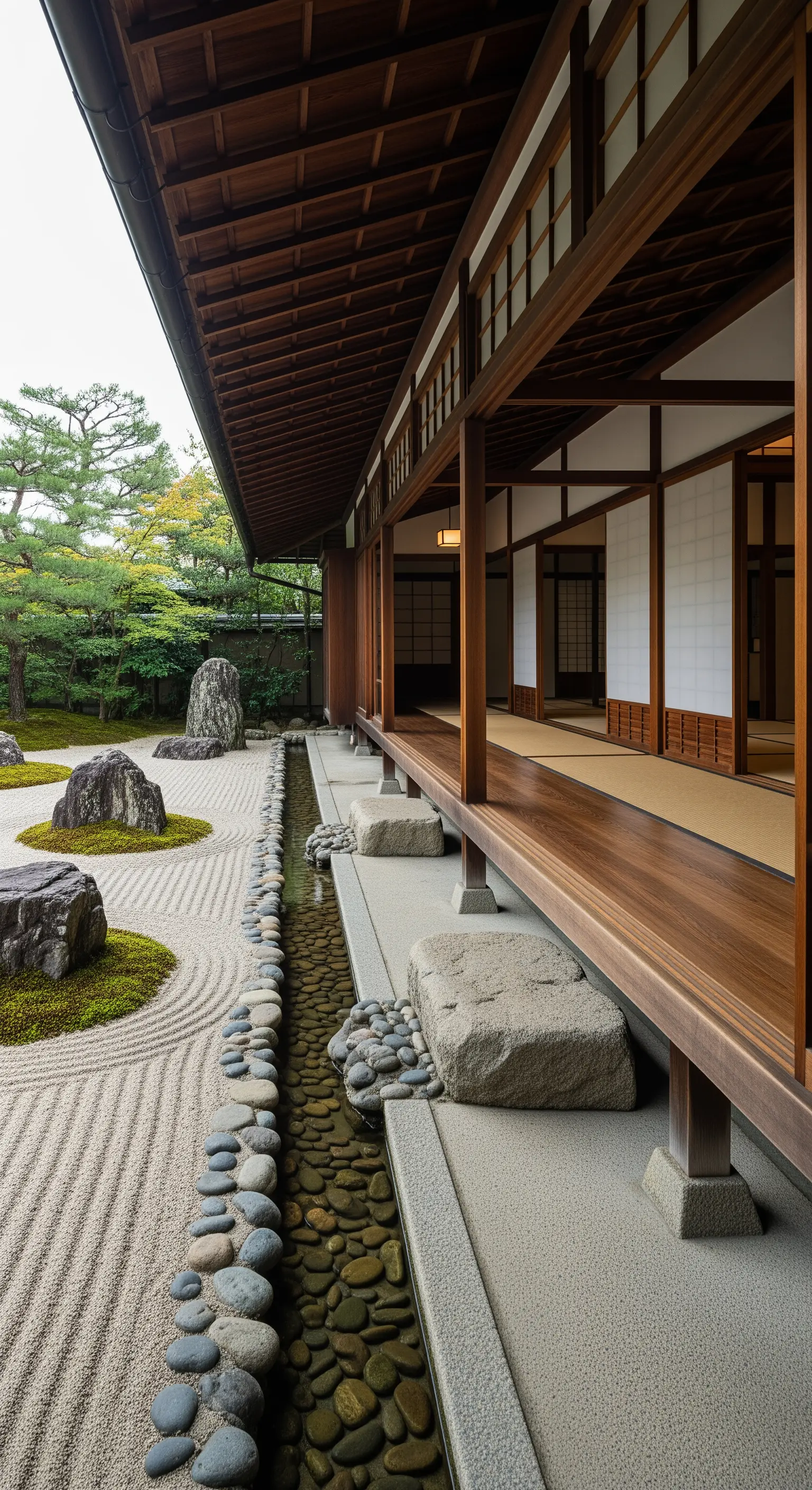 Traditionelle japanische Holzveranda mit Blick auf einen Zen-Garten und einen Wasserlauf.