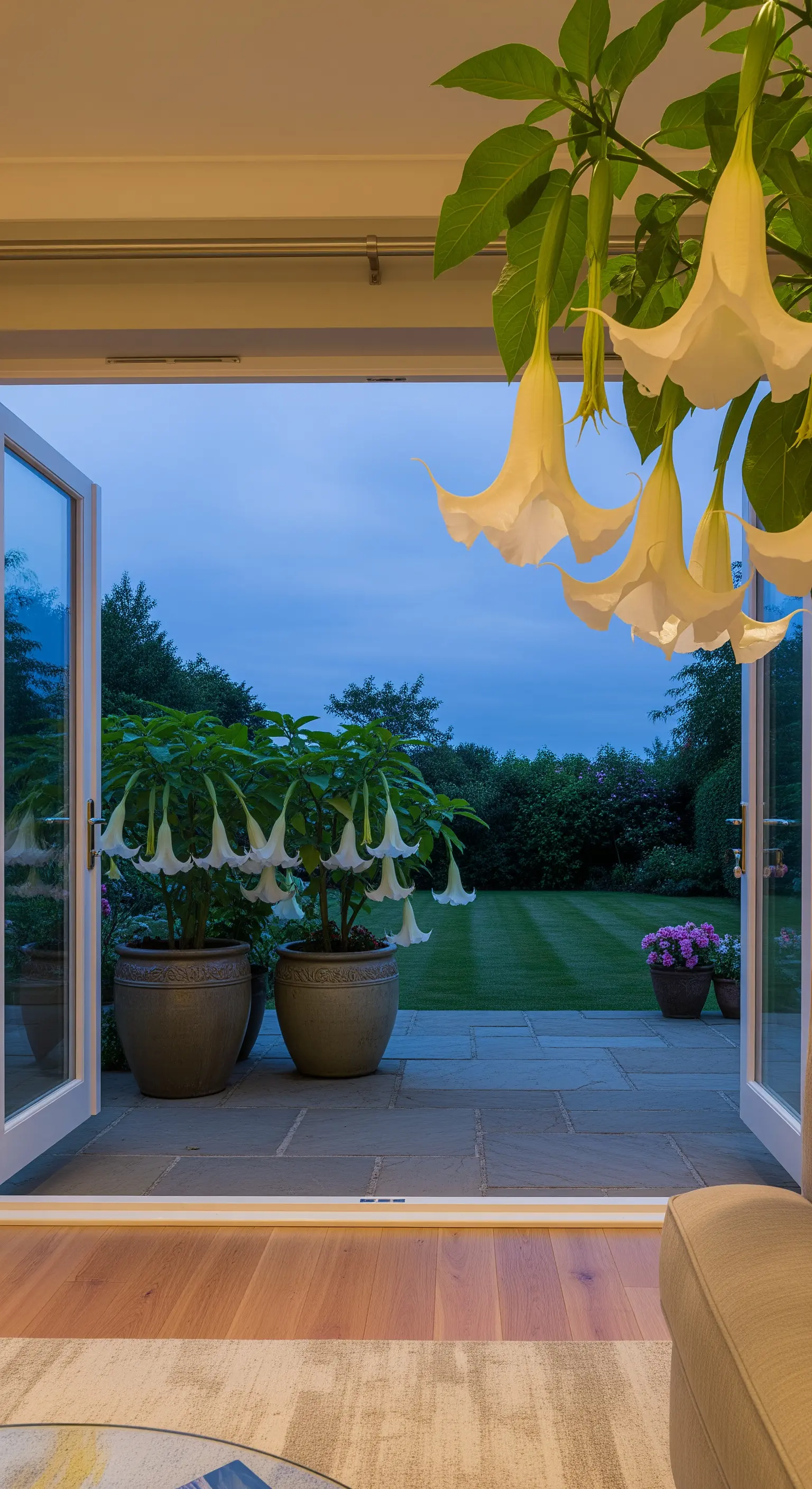 Blick aus dem Wohnzimmer auf eine Terrasse, wo große Engelstrompeten in Kübeln blühen.