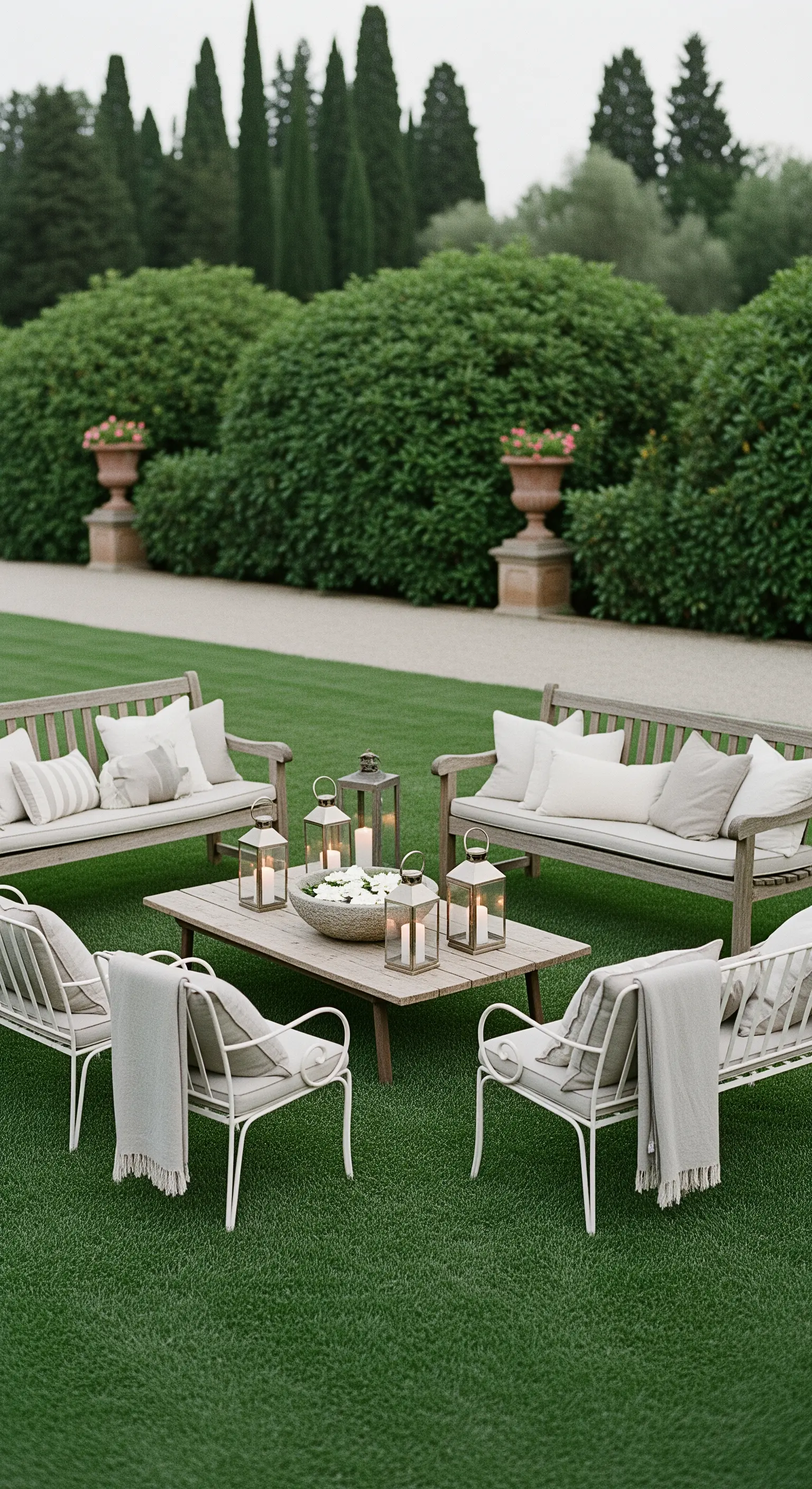Outdoor-Lounge mit Holzbänken, neutralen Kissen und einem Tisch mit vielen Laternen auf Rasen