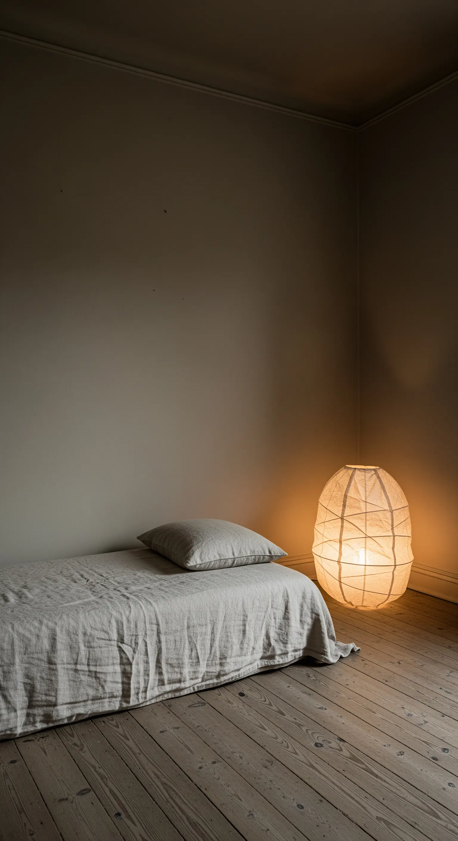 Eine große, organisch geformte Papier-Bodenleuchte neben einer niedrigen Matratze.