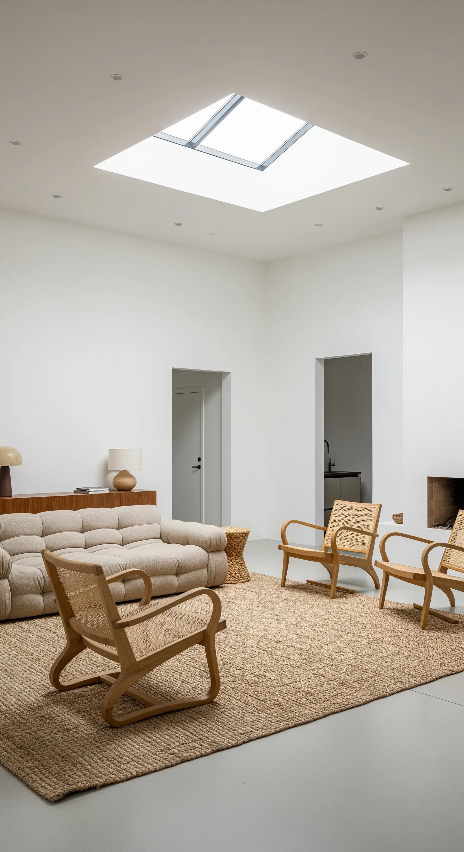 Helles Wohnzimmer mit einem großen Jute-Teppich, Rattan-Sesseln und einem beigen Sofa.