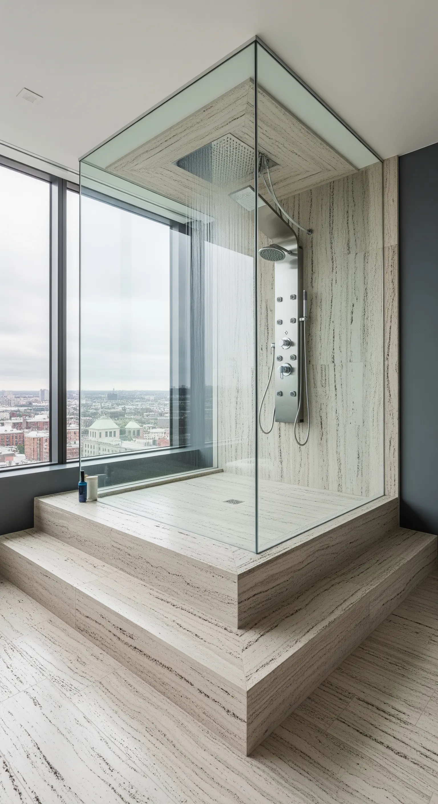 Moderne Glasdusche auf einem erhöhten Podest mit Panoramafenster und Stadtblick