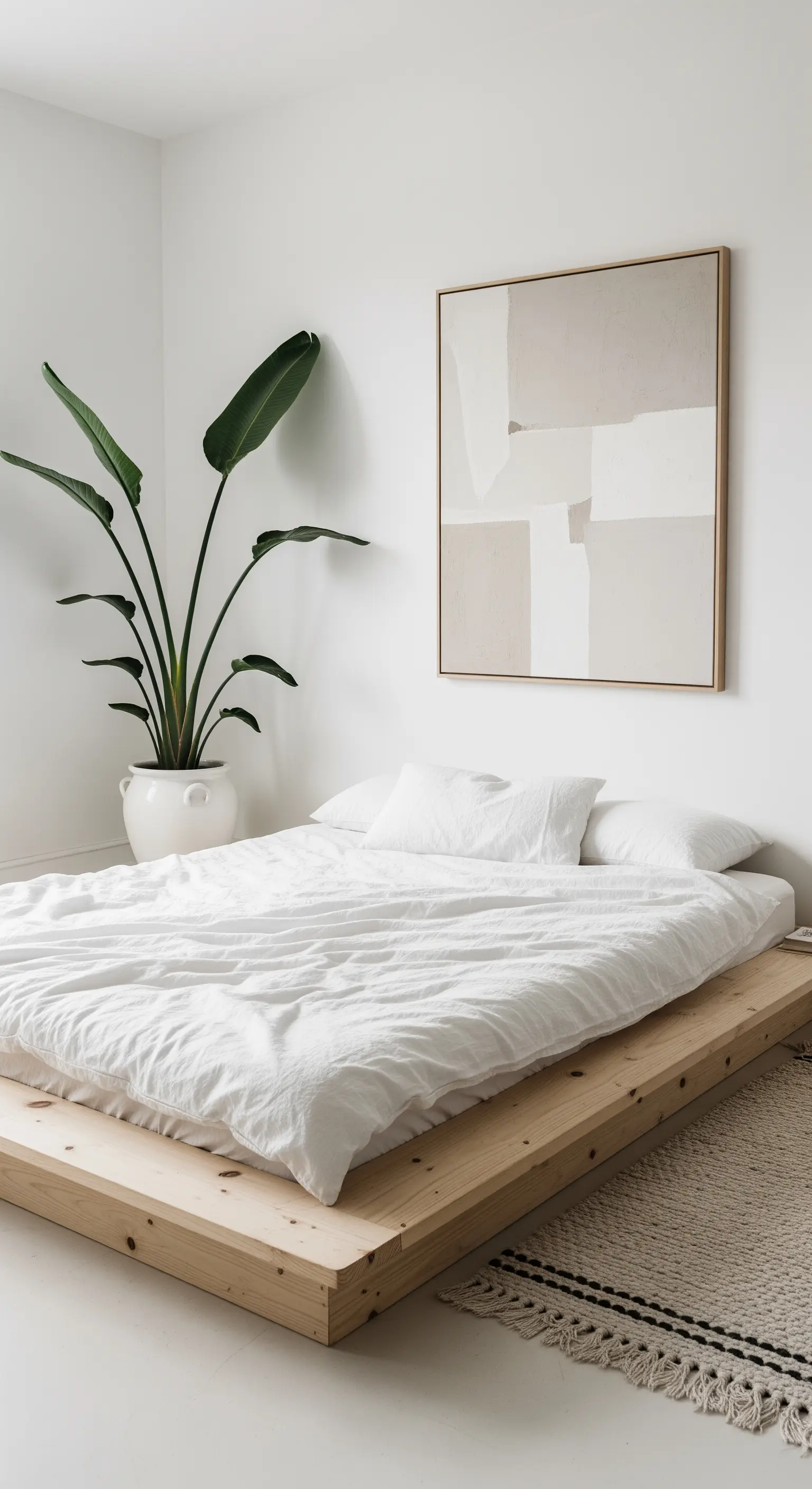 Minimalistisches Schlafzimmer im Japandi-Stil mit niedrigem Holzbett und einer großen Pflanze.