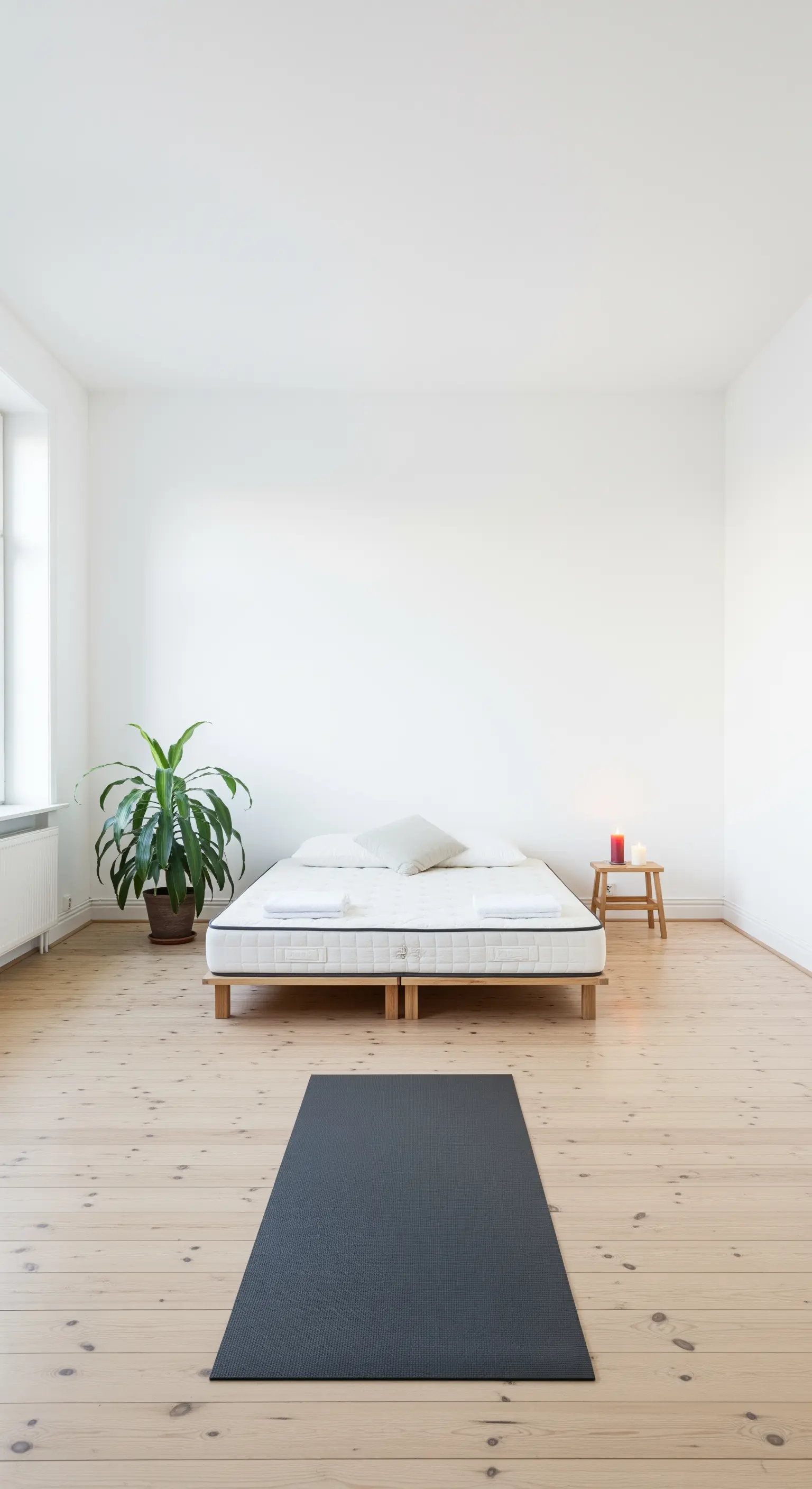 Extrem minimalistisches Schlafzimmer mit Matratze auf dem Boden, einer Pflanze und einer Kerze.