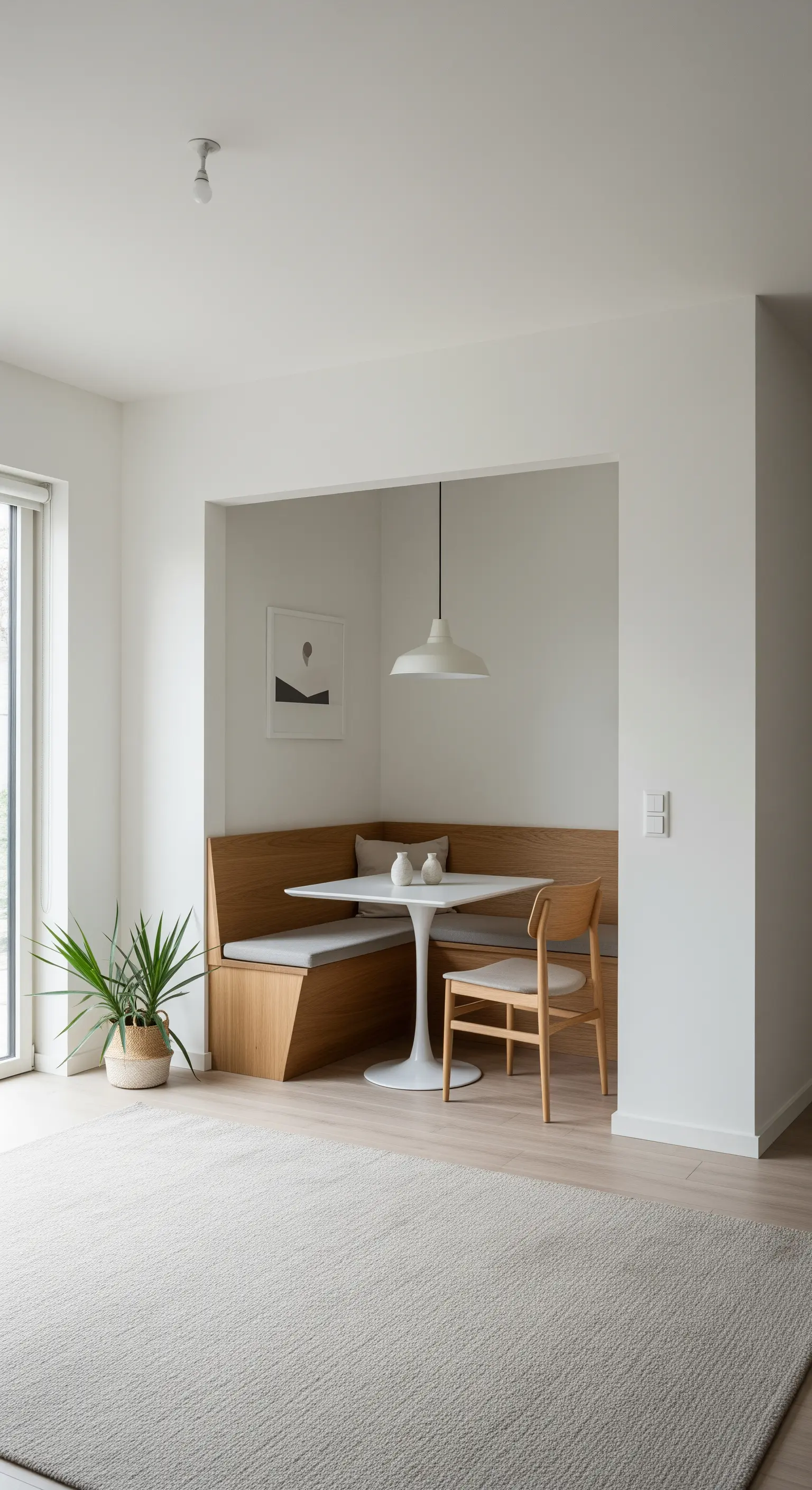 Gemütliche Essnische mit eingebauter Holzbank in einer Wandnische