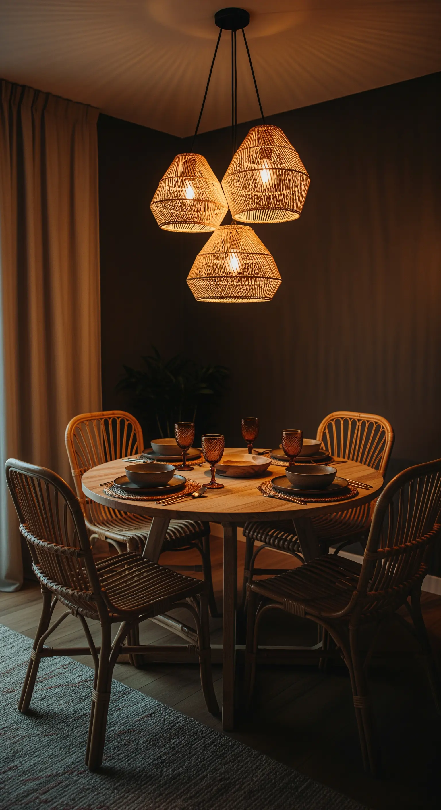 Ein Esstisch aus Holz, beleuchtet von drei hängenden Rattan-Lampenschirmen in einem dunklen Raum.