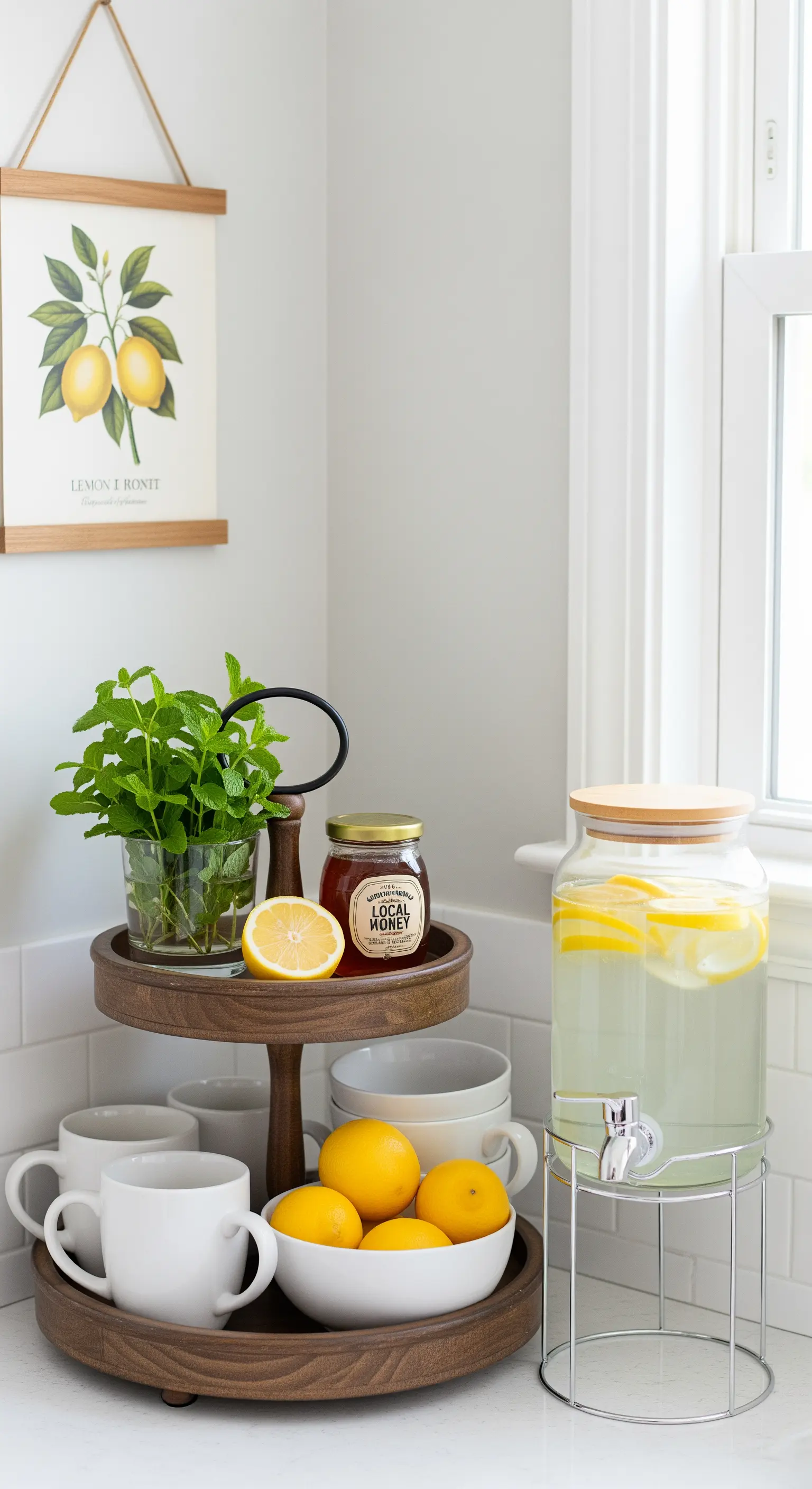 Zweistöckige Holz-Etagere als Getränkestation mit Tassen, Zitronen, Minze und einem Wasserspender.