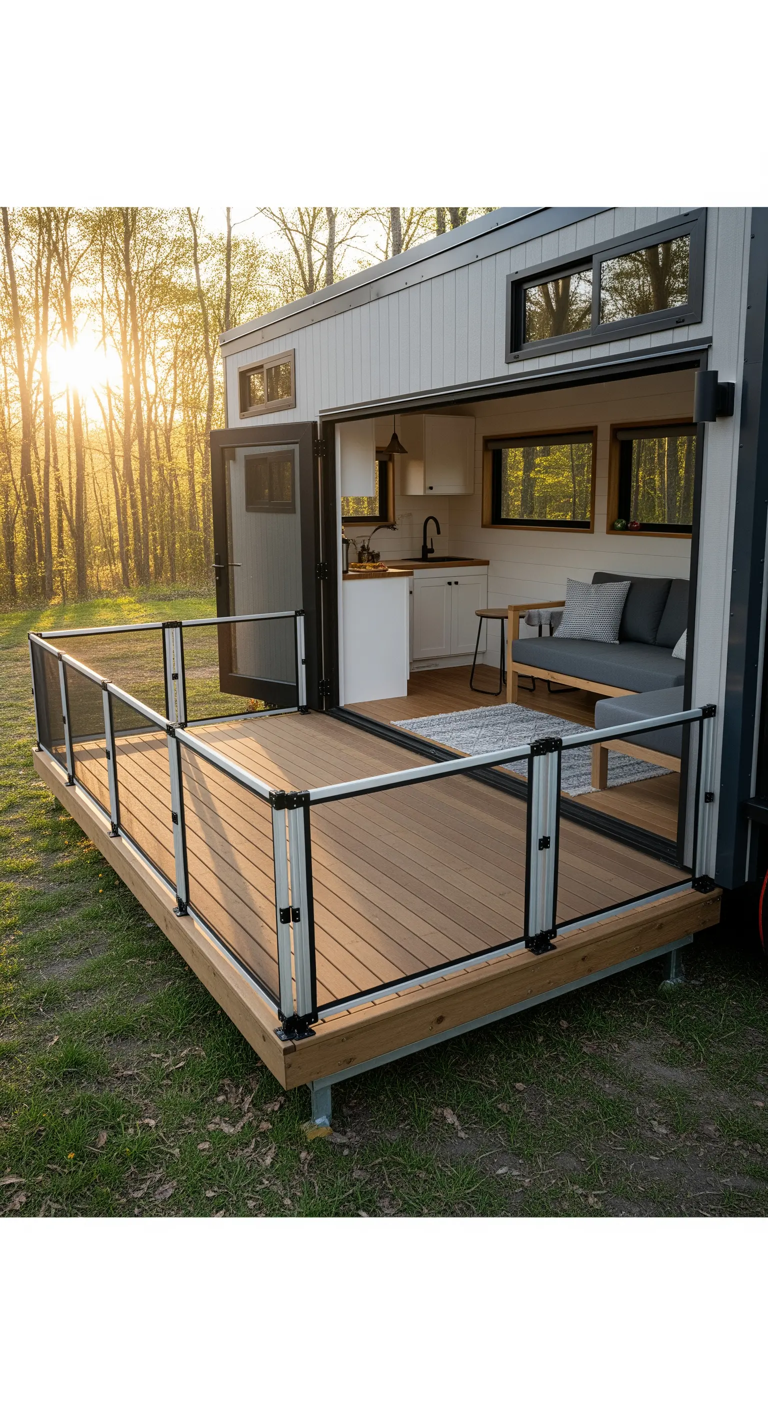 Tiny House mit einer Glas-Faltwand, die sich komplett zu einer Holzterrasse öffnet.