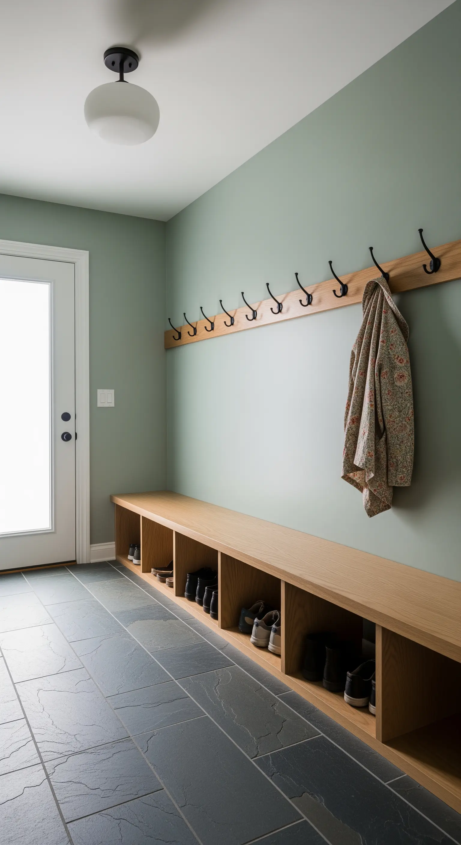 Lange Holzbank mit Schuhfächern und Hakenleiste an einer salbeigrünen Wand