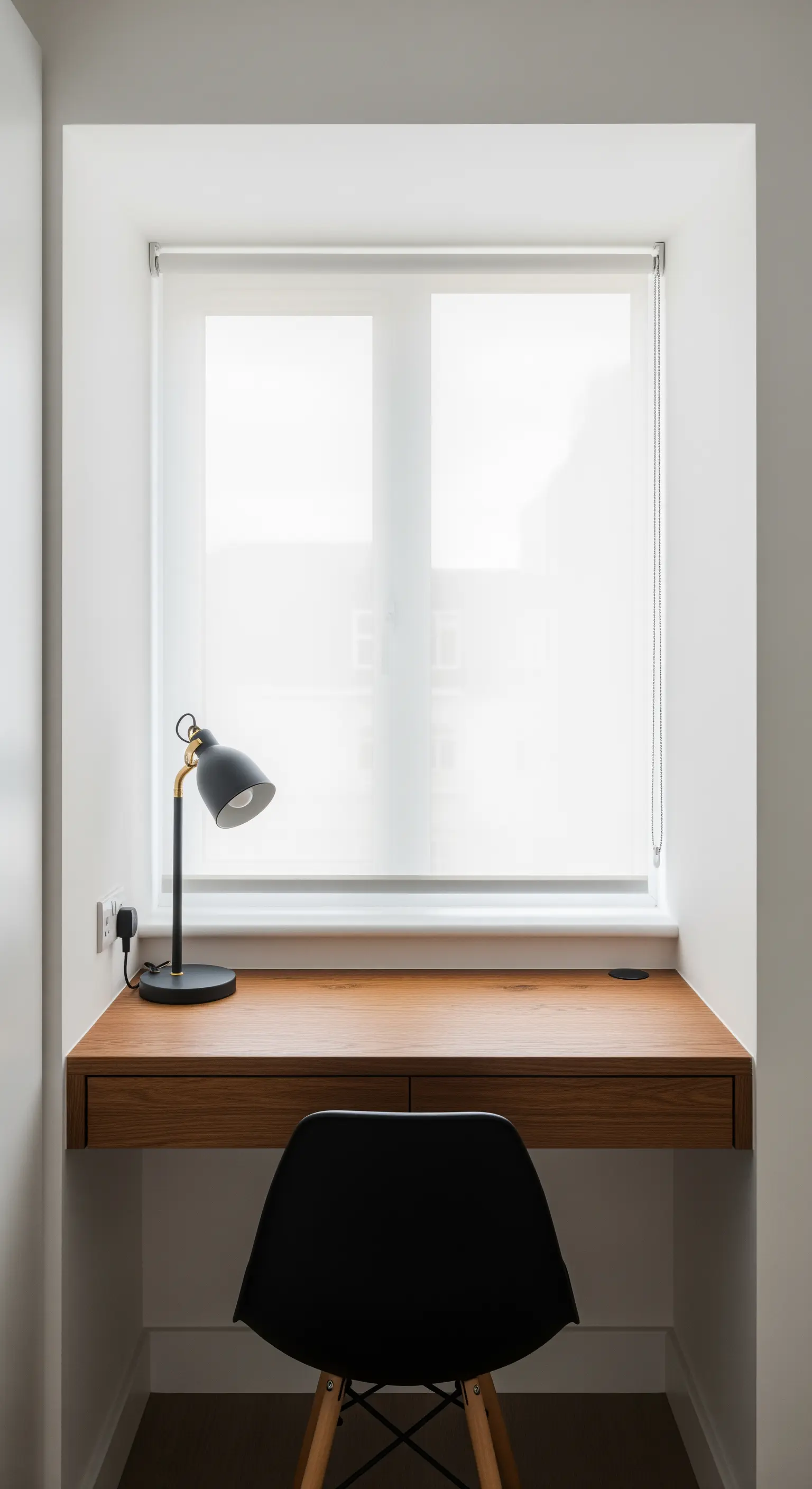 Kompakter Schreibtisch aus Holz, der perfekt in eine helle Fensternische eingepasst ist.