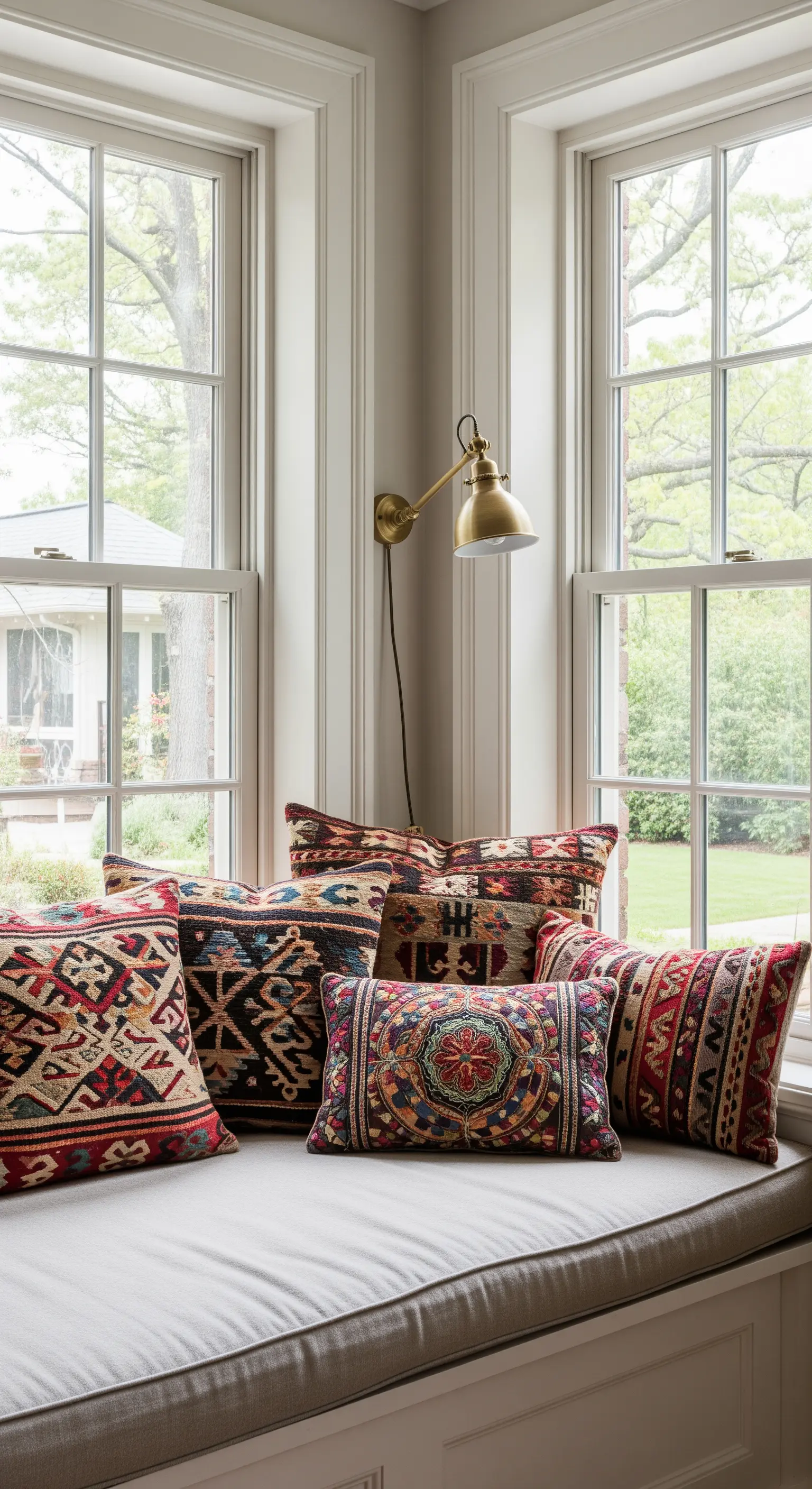 Gemütliche Fensternische mit einer Sammlung von bunten Kelim-Kissen und einer Messing-Leselampe.
