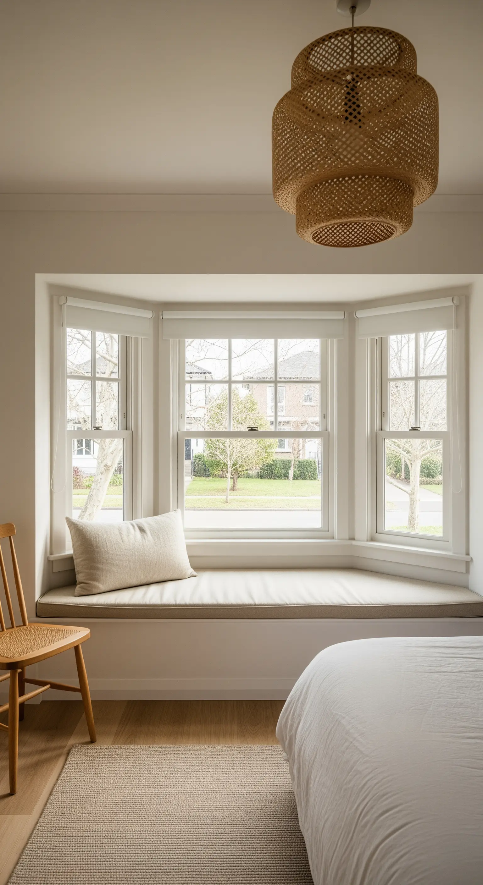 Helle Erker-Sitzecke mit beiger Auflage und Kissen in einem minimalistischen Schlafzimmer.