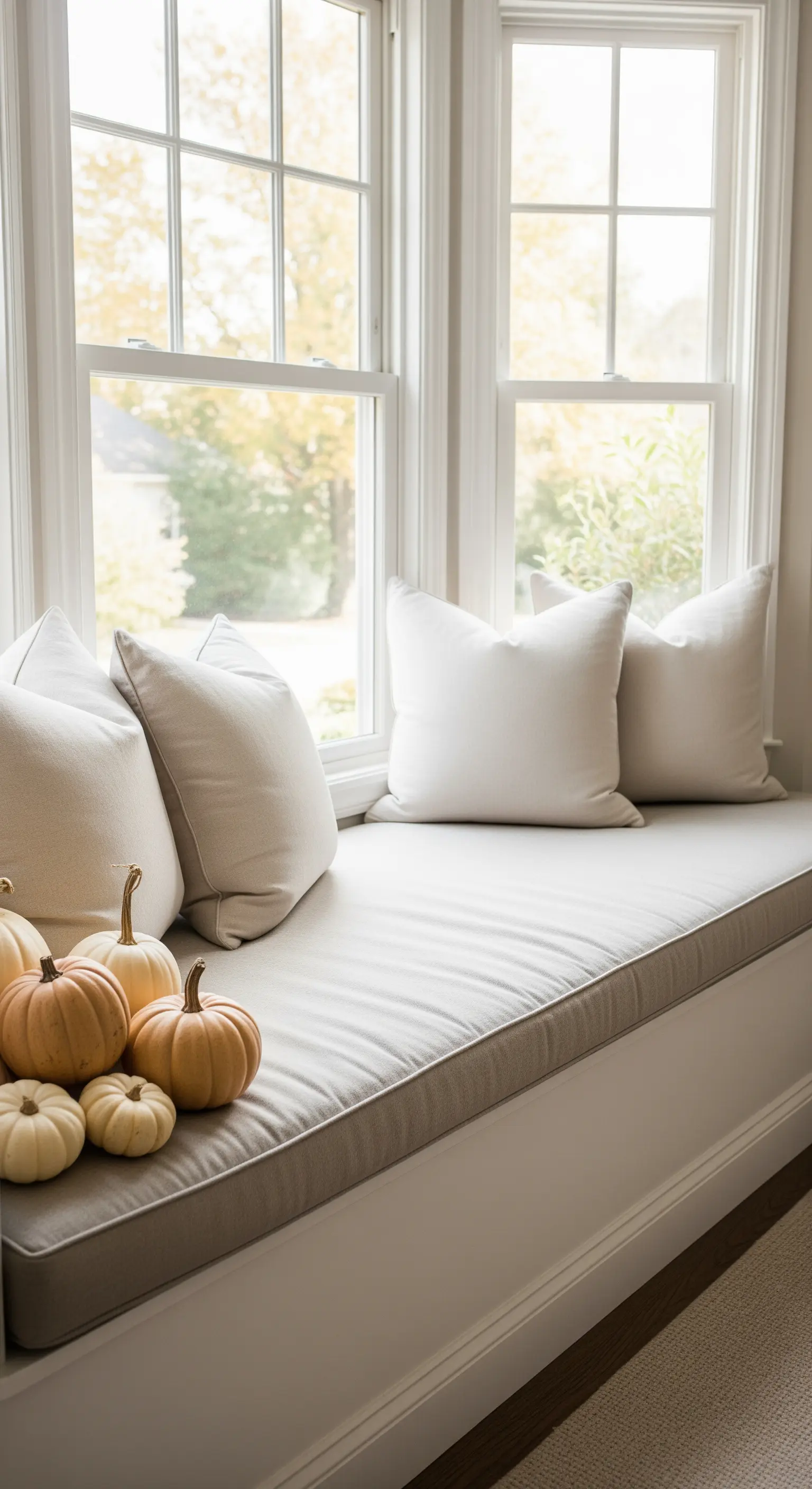 Eine Gruppe kleiner Kürbisse in warmen Tönen auf einer gepolsterten Fensterbank.