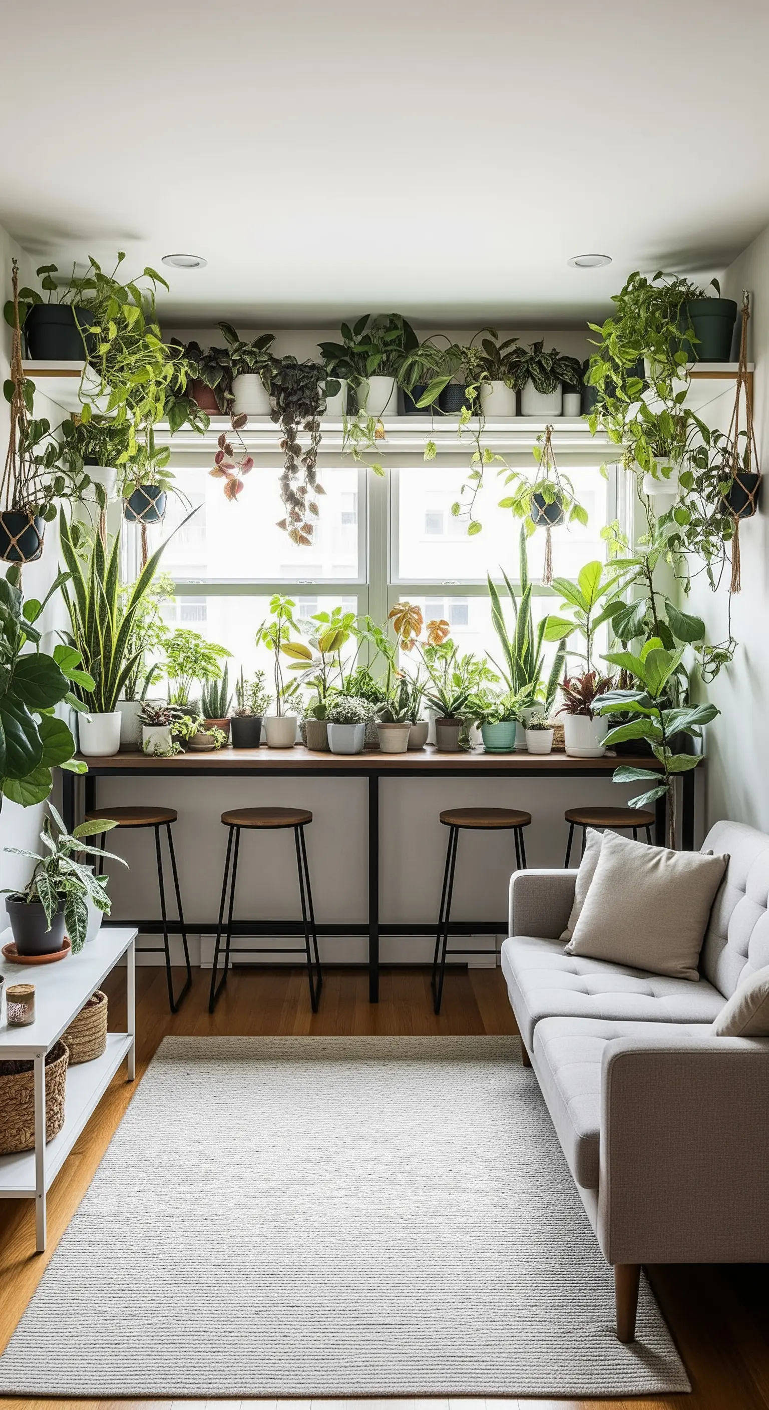 Eine lange, schmale Theke vor einem Fenster, die als Bar und als Ablage für viele Pflanzen dient.