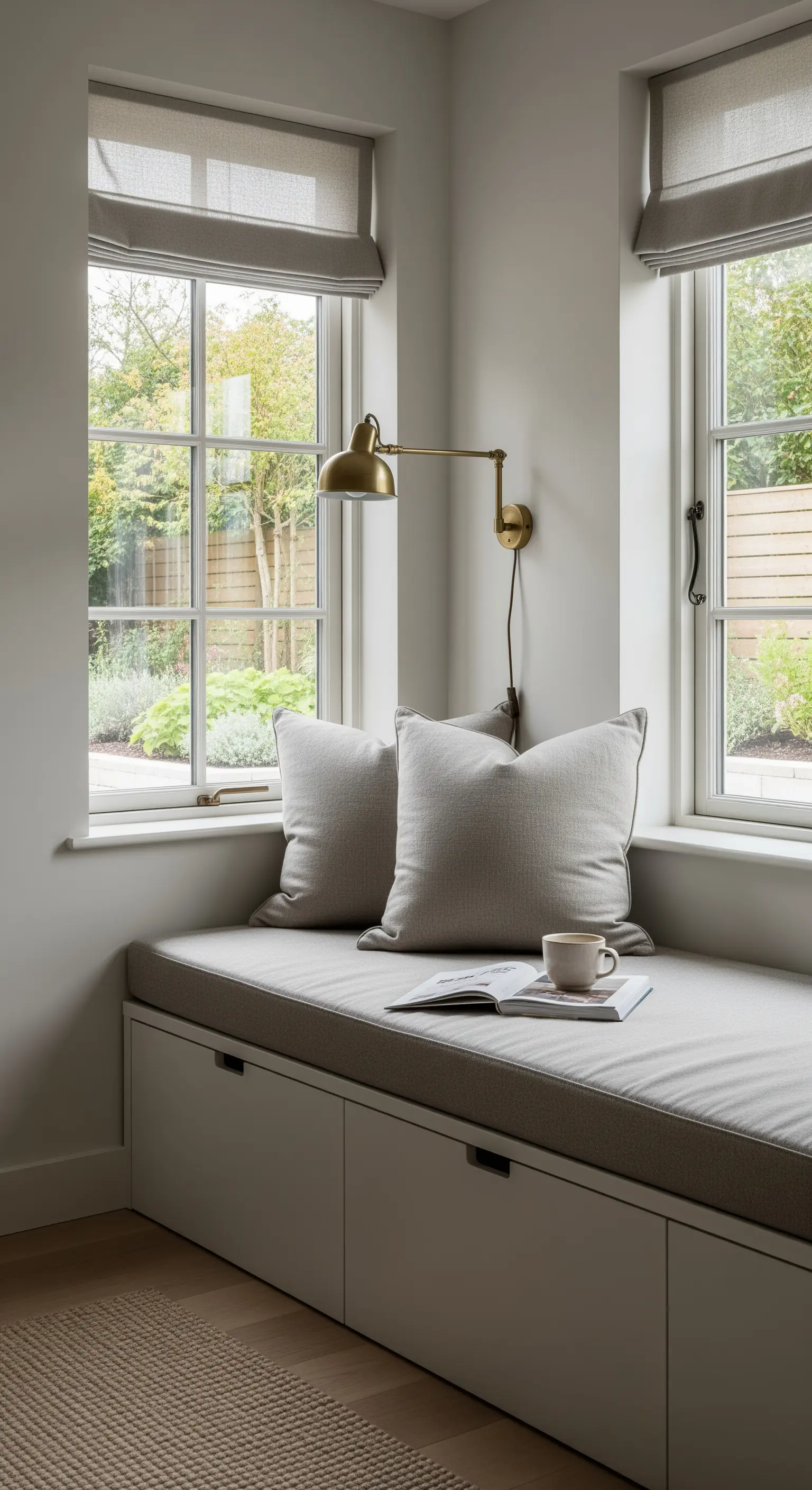 Gemütliche Fenstersitzbank mit grauen Polstern und integrierten Schubladen für Stauraum.