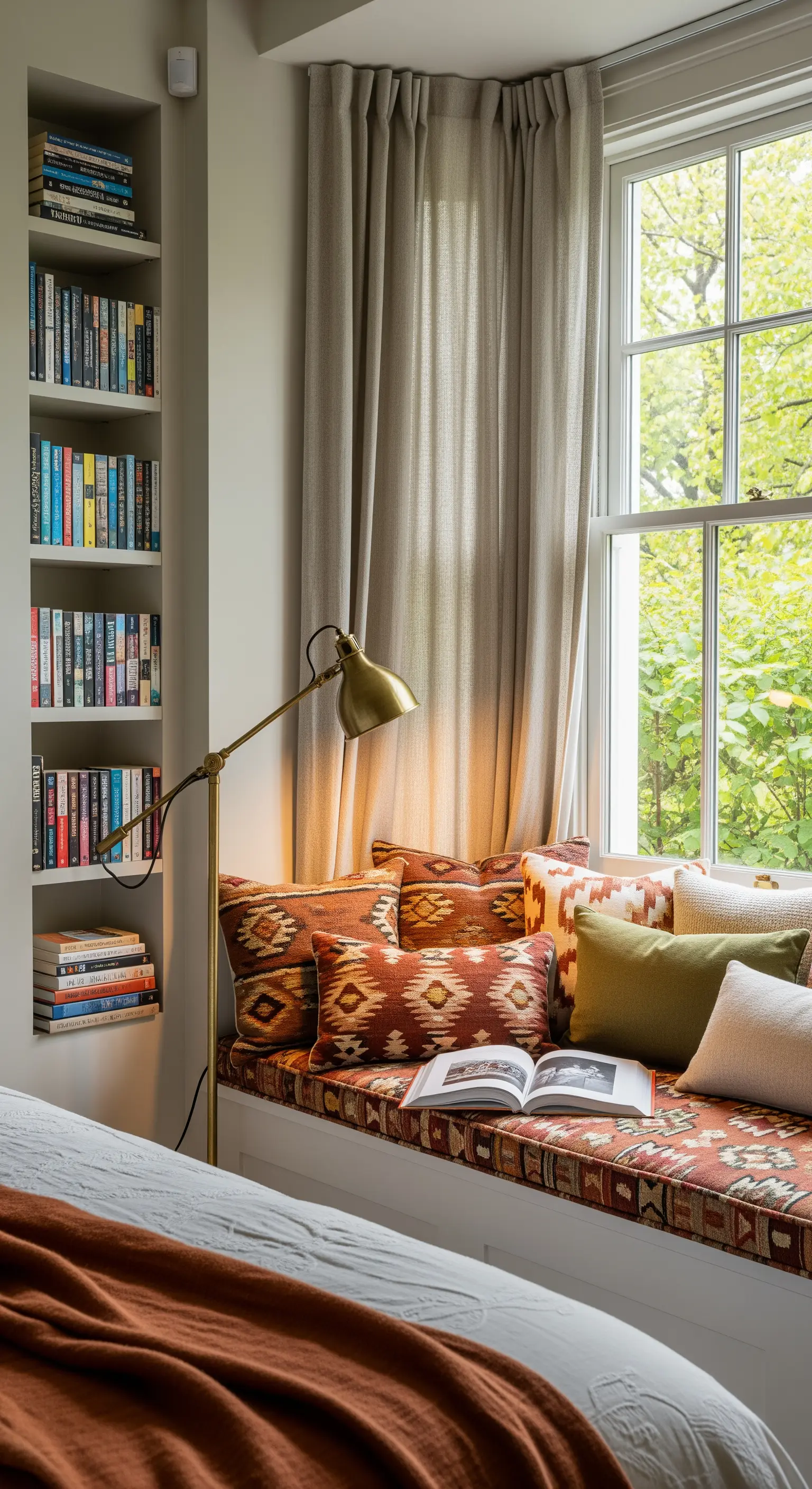 Gemütliche Fensterbank mit vielen Kissen in Ethno-Mustern und einer Leselampe