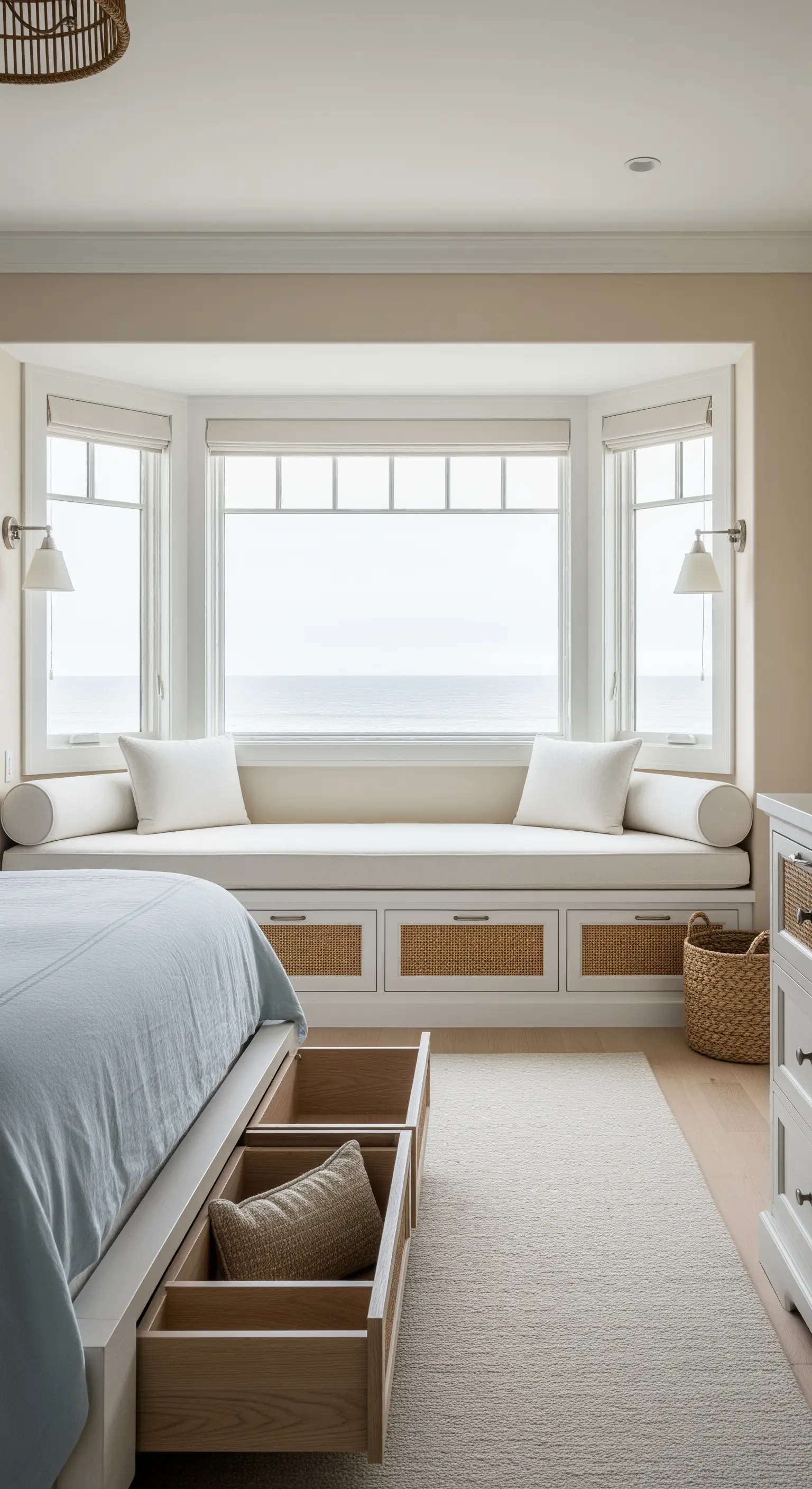 Helles Küsten-Schlafzimmer mit Fensterbank und integrierten Schubladen mit Rattan-Fronten.