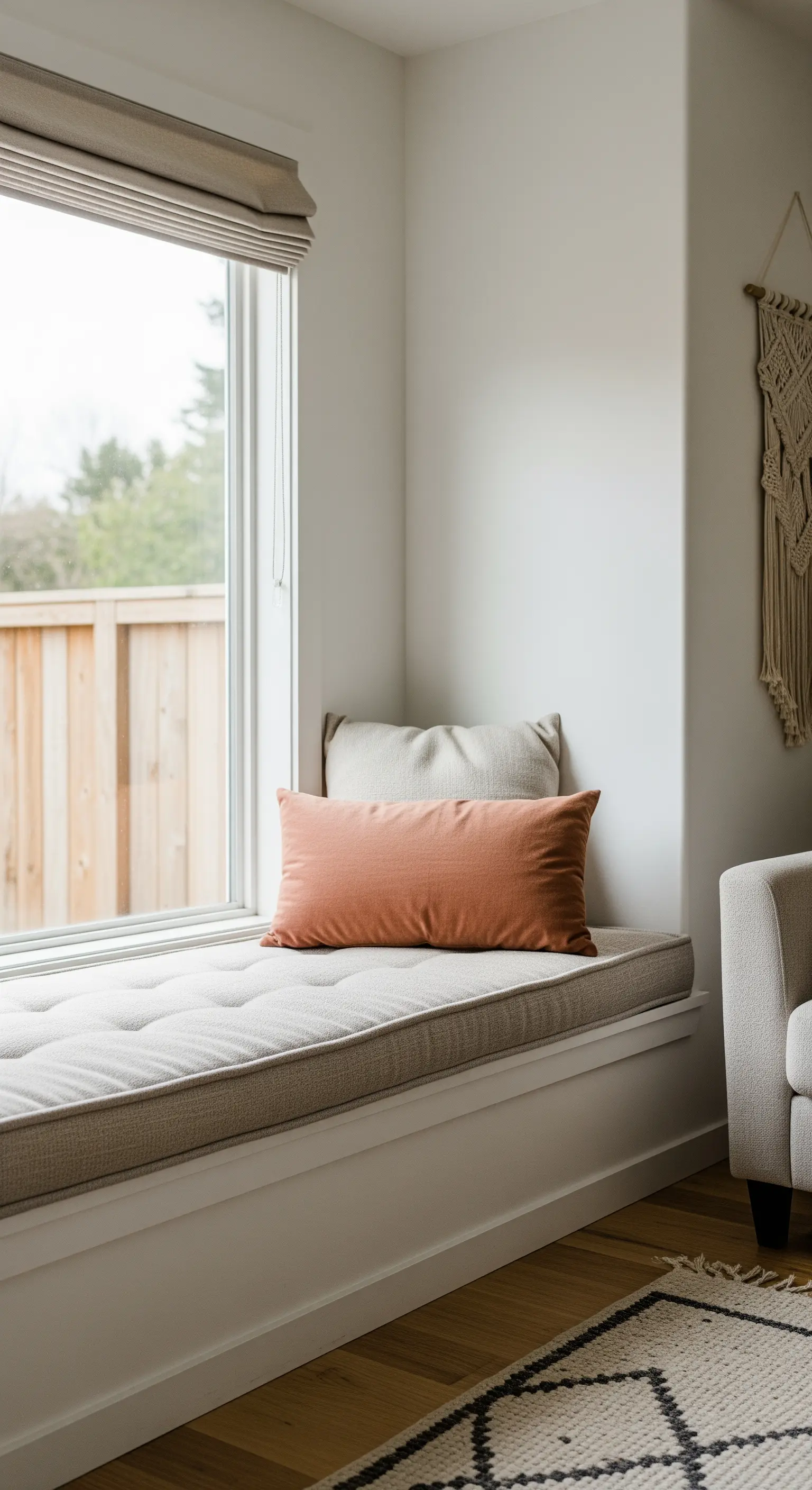 Helle Fenstersitzbank mit einem einzelnen Kissen in der Farbe Terrakotta.