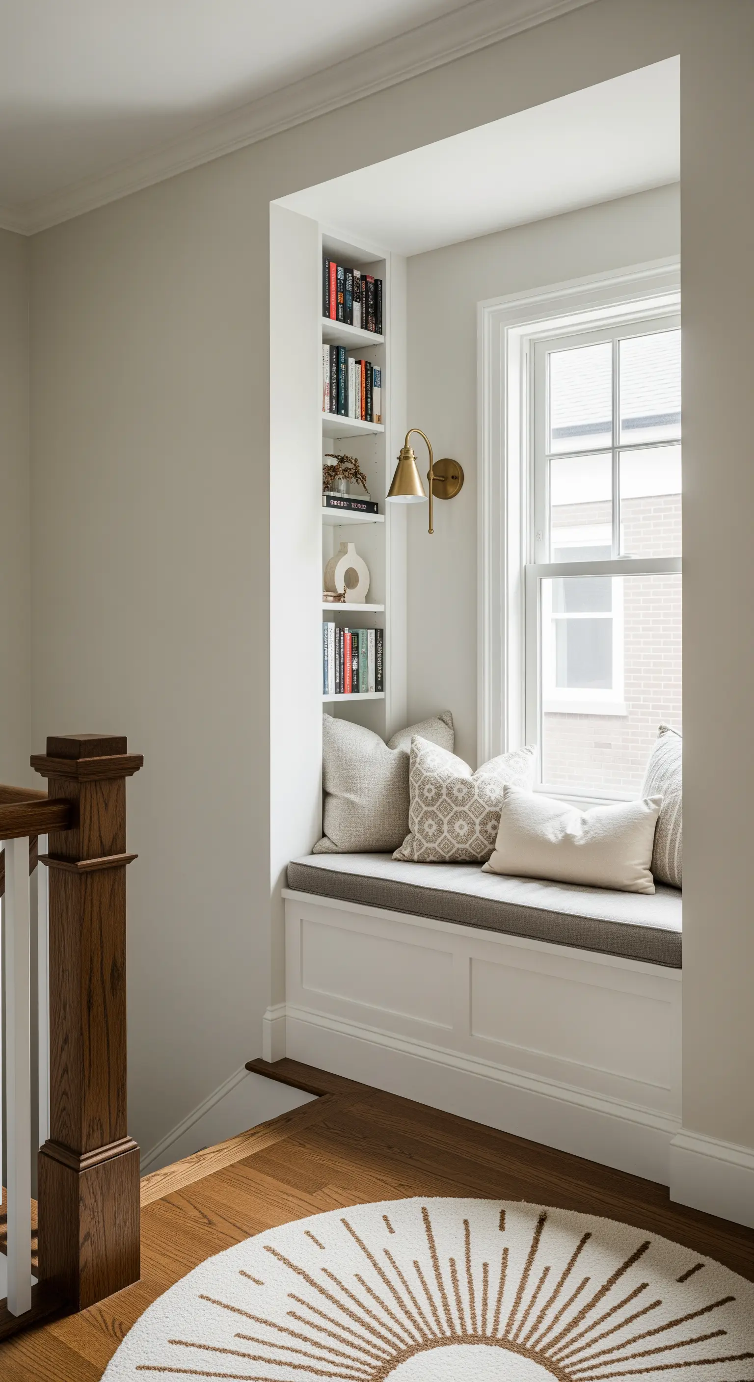 Eingebaute Fensterbank-Leseecke mit integrierten Bücherregalen und einer Wandleuchte aus Messing.