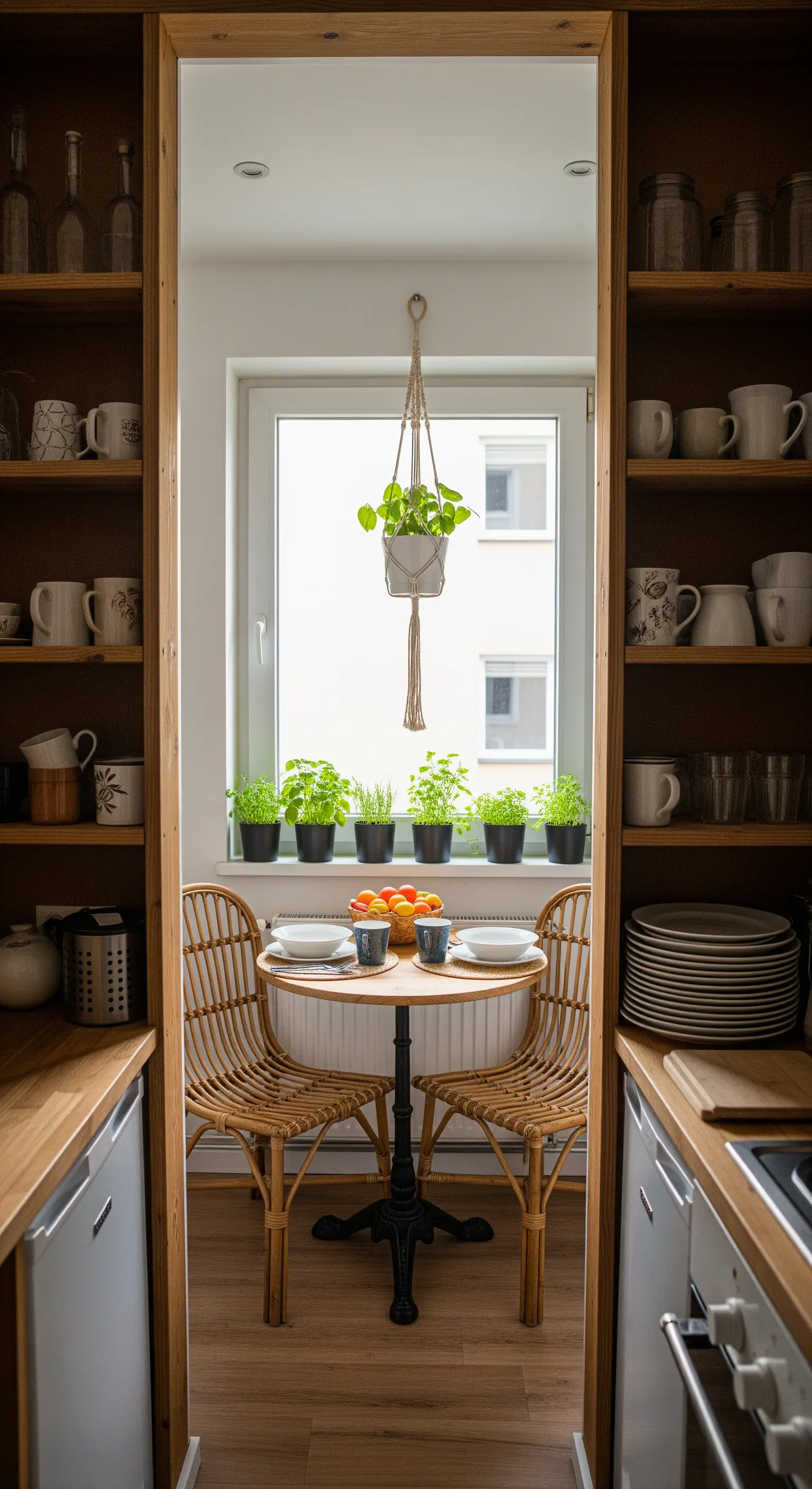 Kleiner Essplatz mit Rattan-Stühlen vor einem Fenster mit Kräutertöpfen in einer Küche.