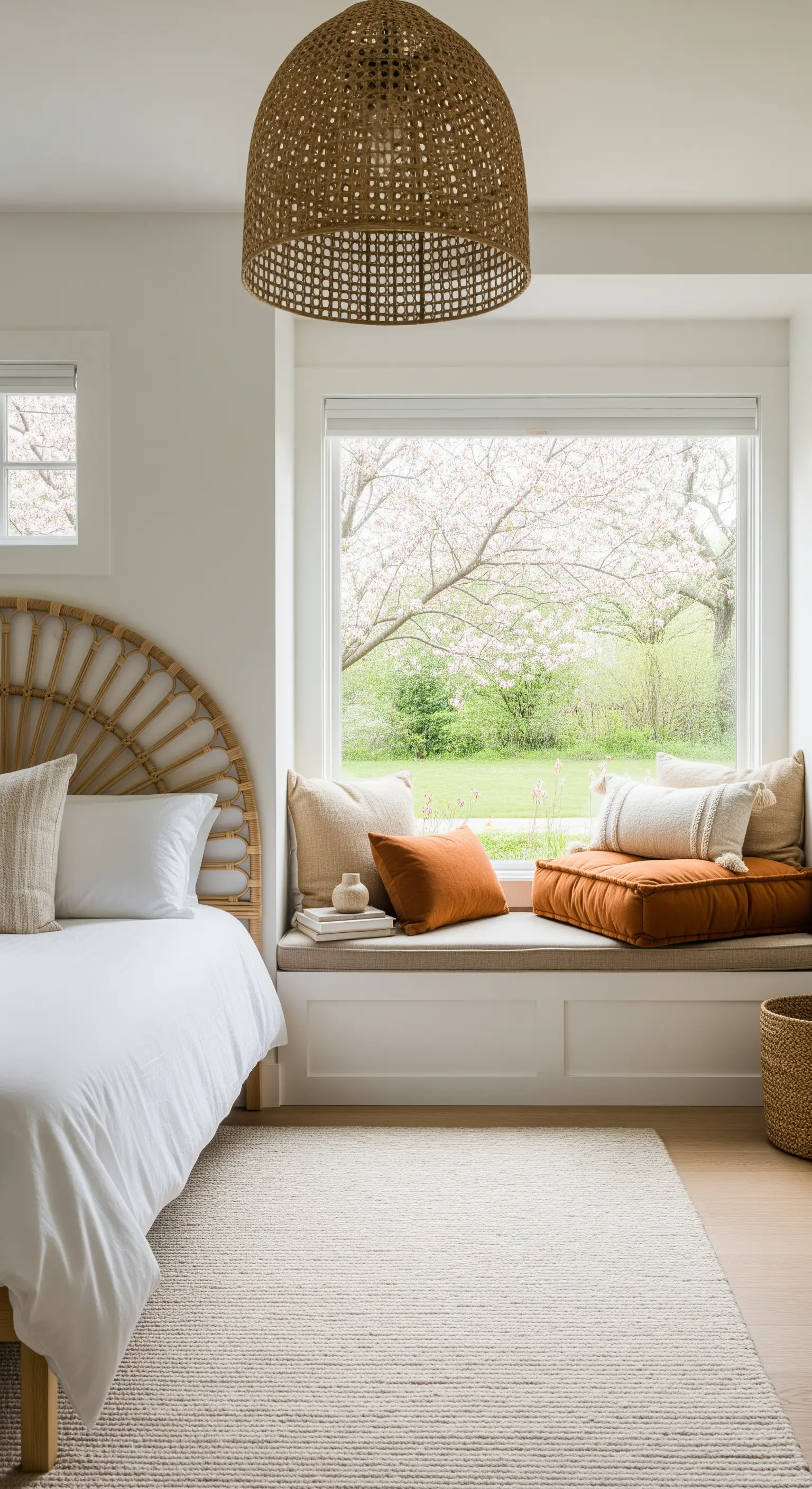 Helles Boho-Schlafzimmer mit gemütlicher Fensterbank mit Blick auf blühende Bäume.