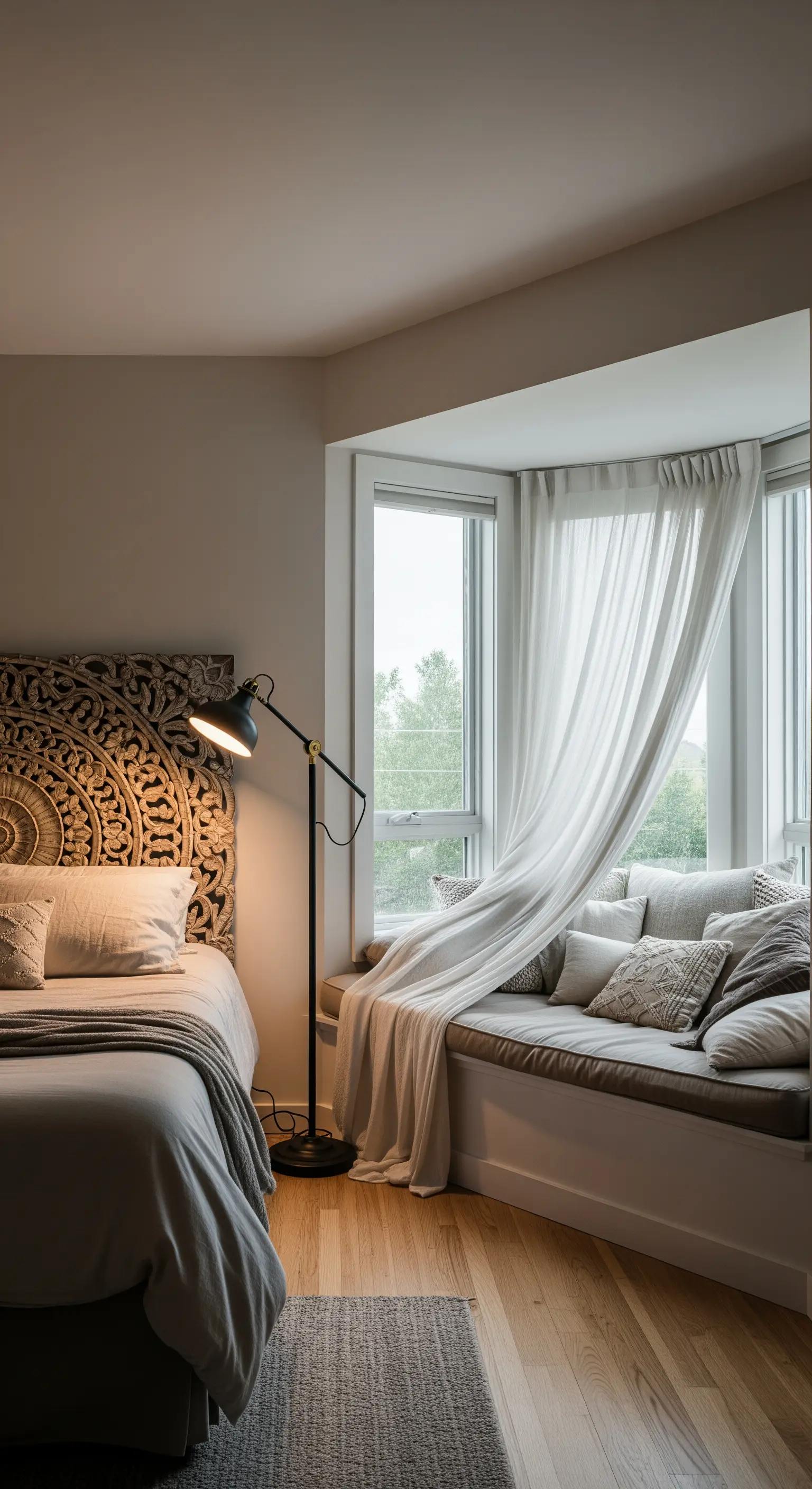 Gemütliche Fenstersitzbank mit vielen Kissen und einem wehenden Vorhang.