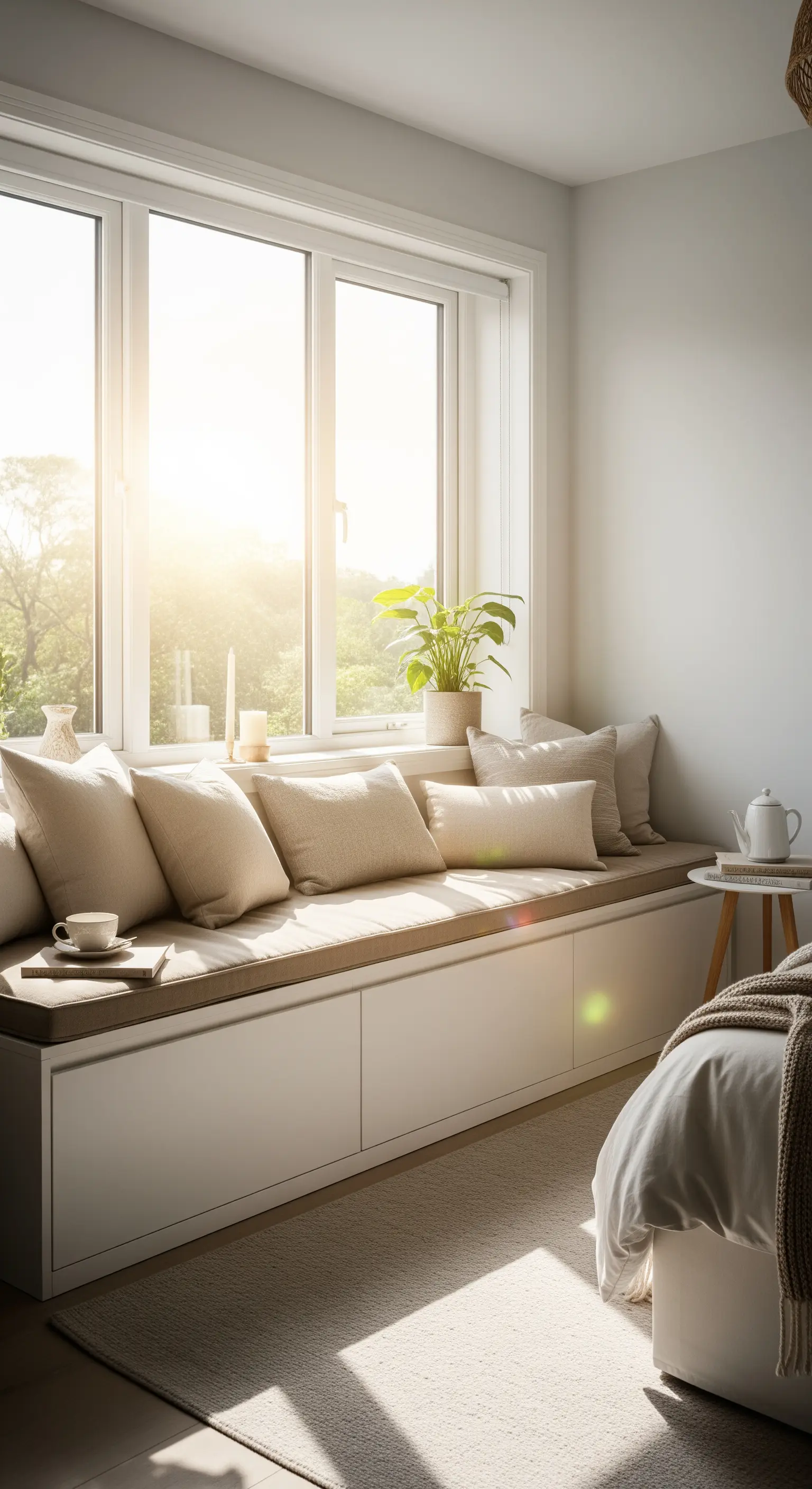 Eine helle Fensterbank, die zu einer gepolsterten Sitzbank mit Staufächern umgebaut wurde.