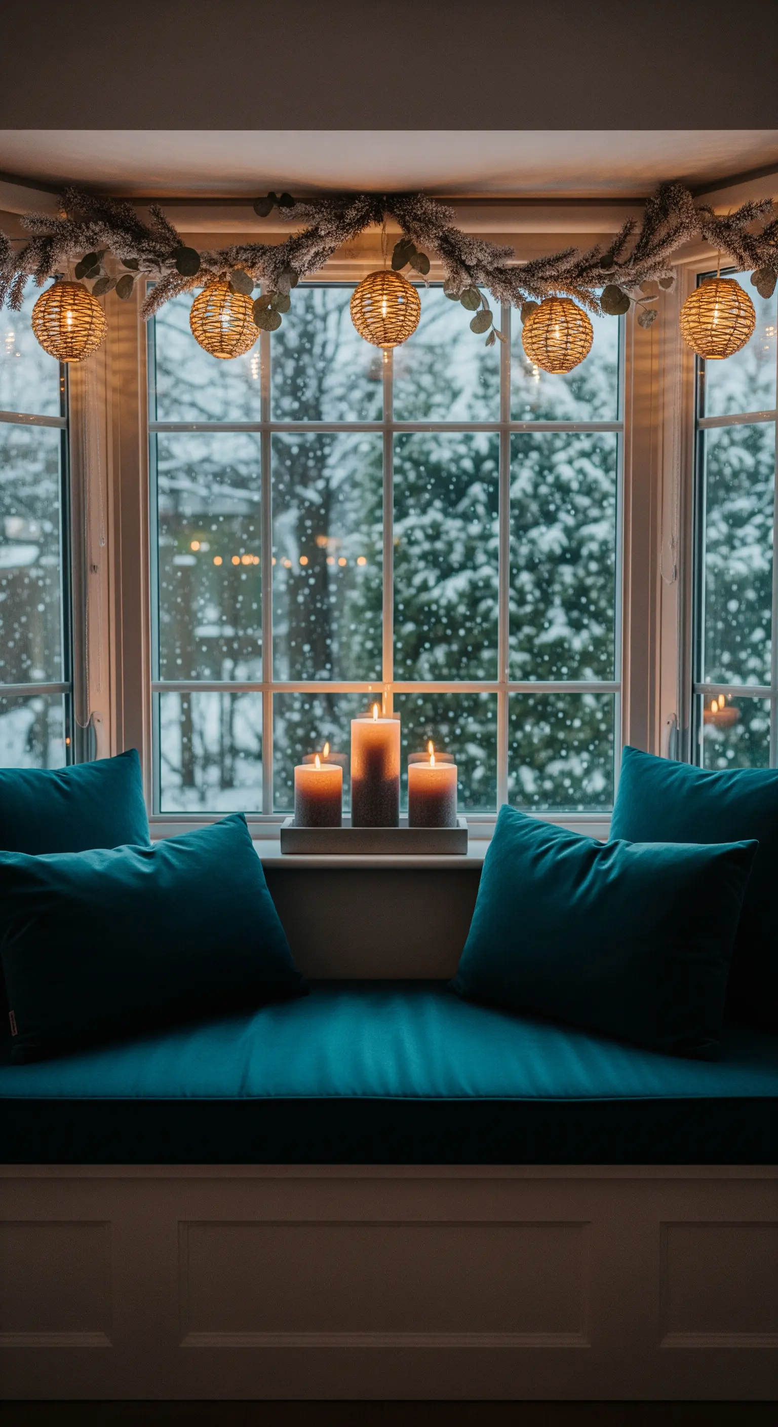 Gemütliche Fenstersitzbank mit Samtkissen, Kerzen und einer Lichterkette mit Rattankugeln.